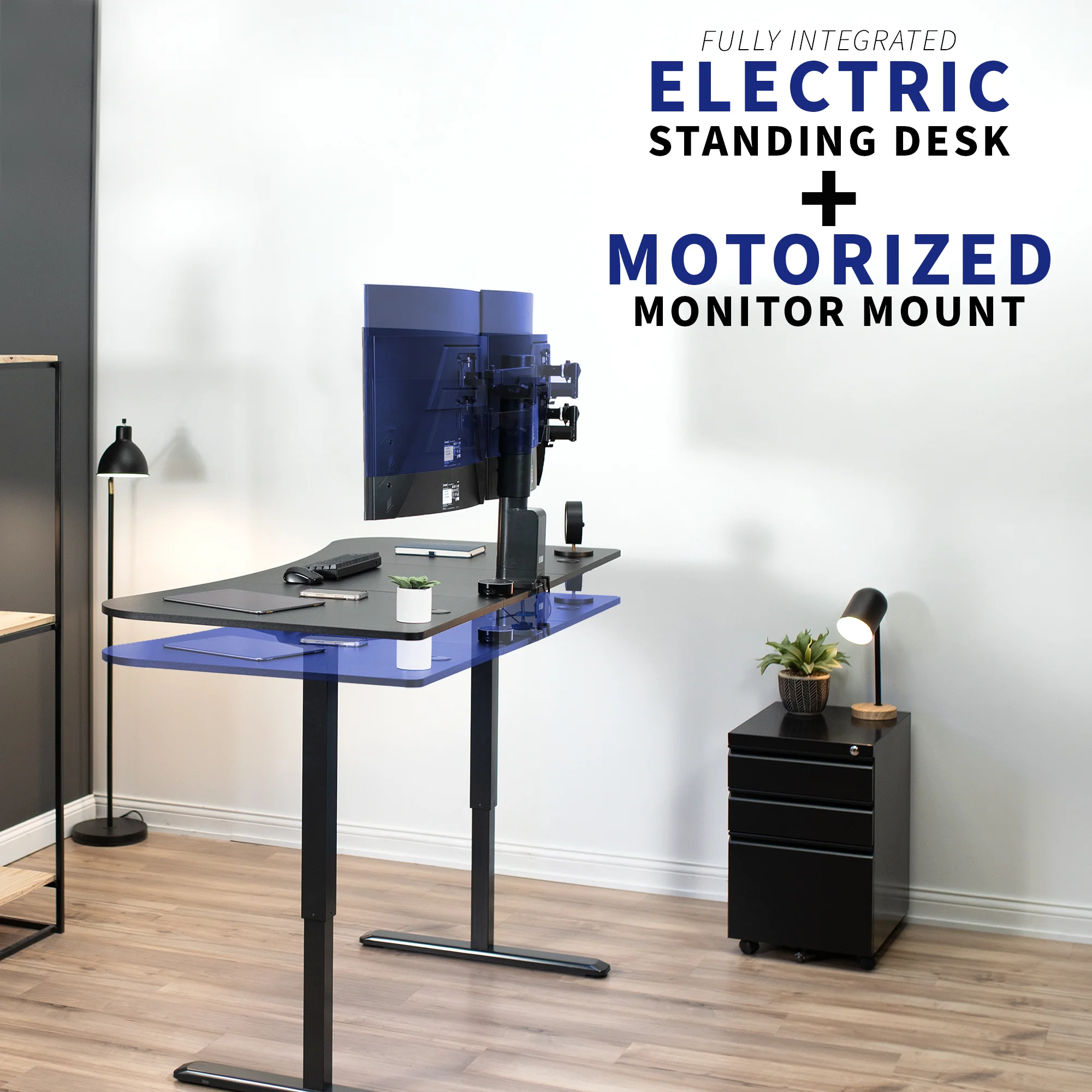 Black 63" x 32" Electric Desk with Motorized Dual Monitor Arm & Touch Screen Memory Controller - Image 3