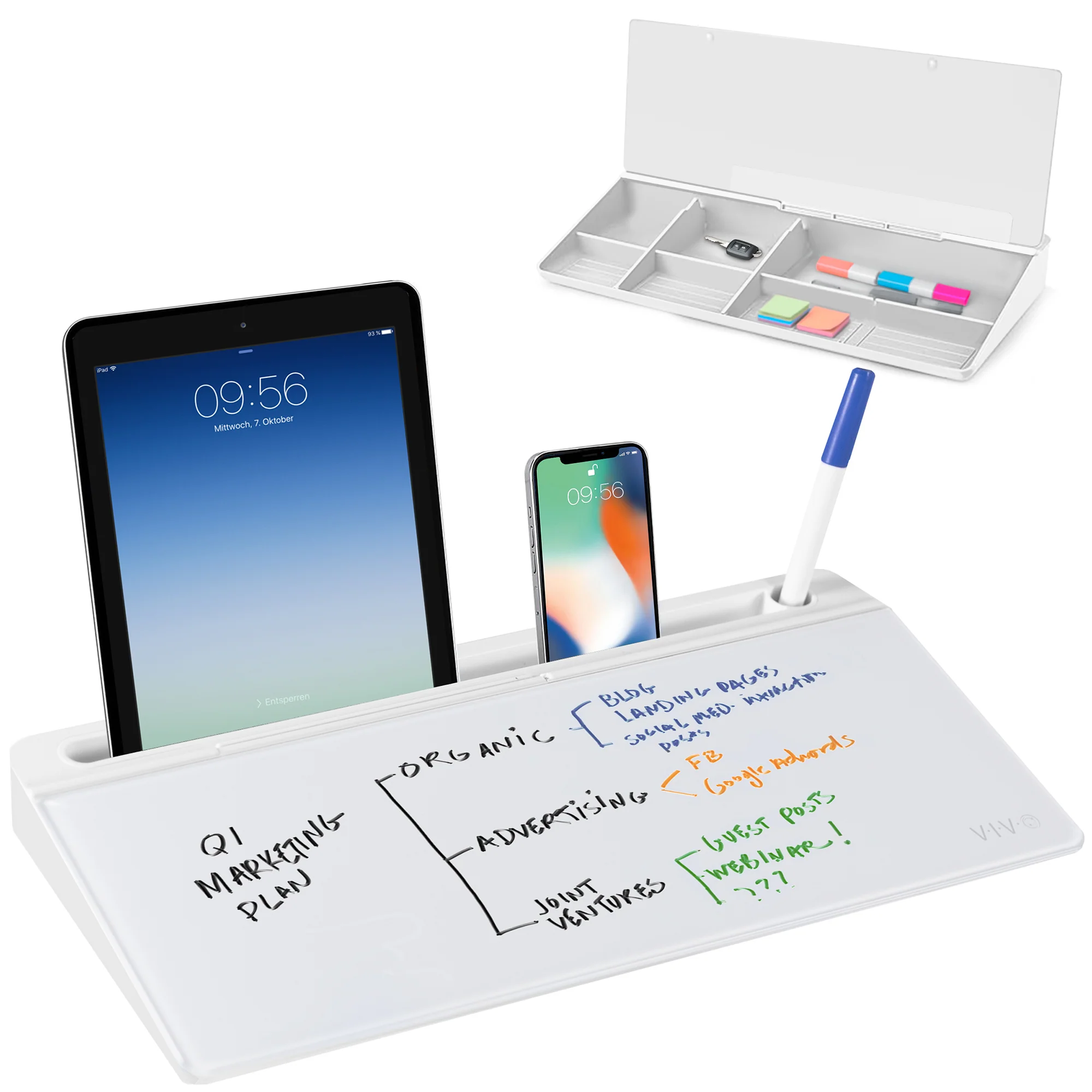 Glass 16" x 7" Desktop Whiteboard with Storage - Image 11