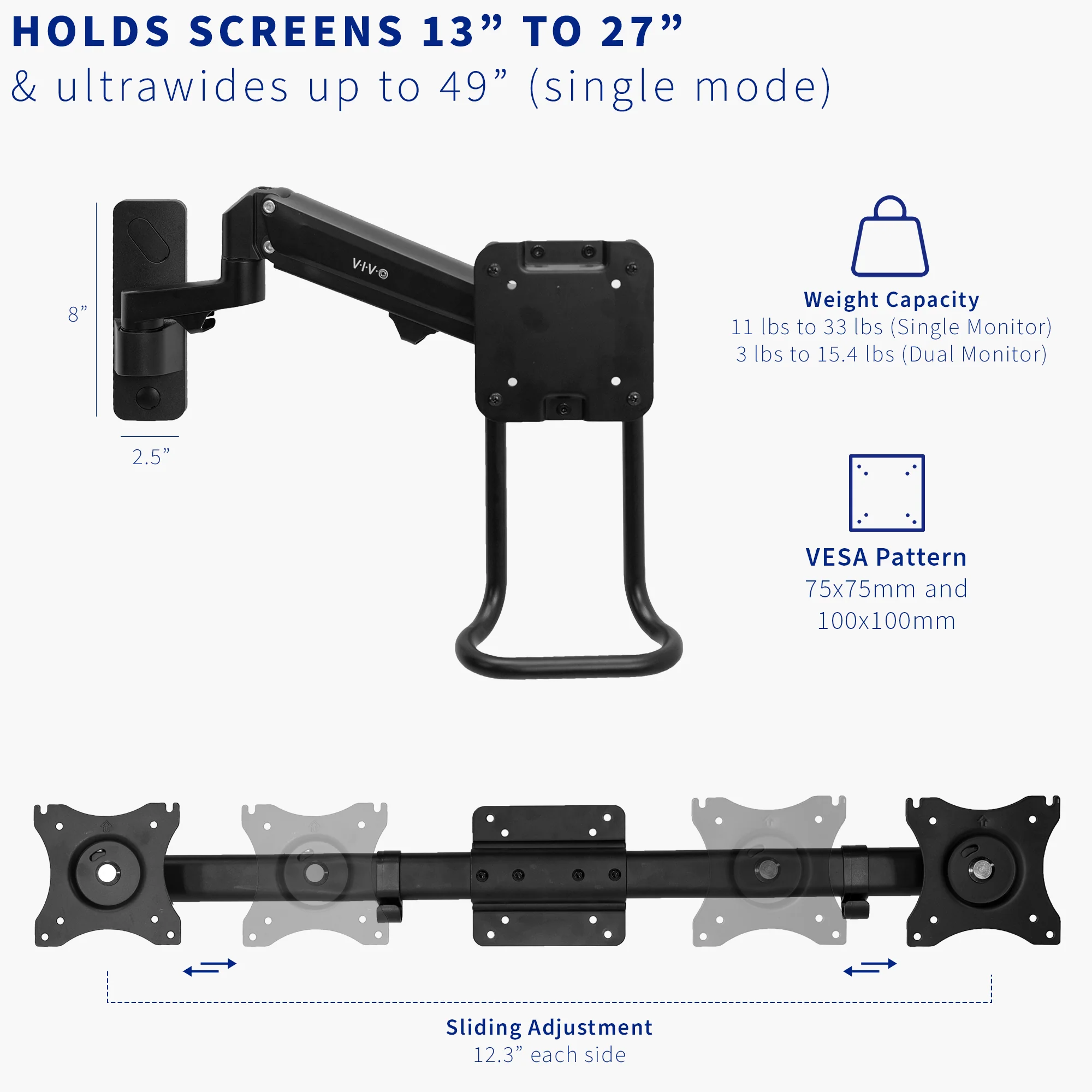 Pneumatic Dual 13" to 27" Monitor Wall Mount - Image 3