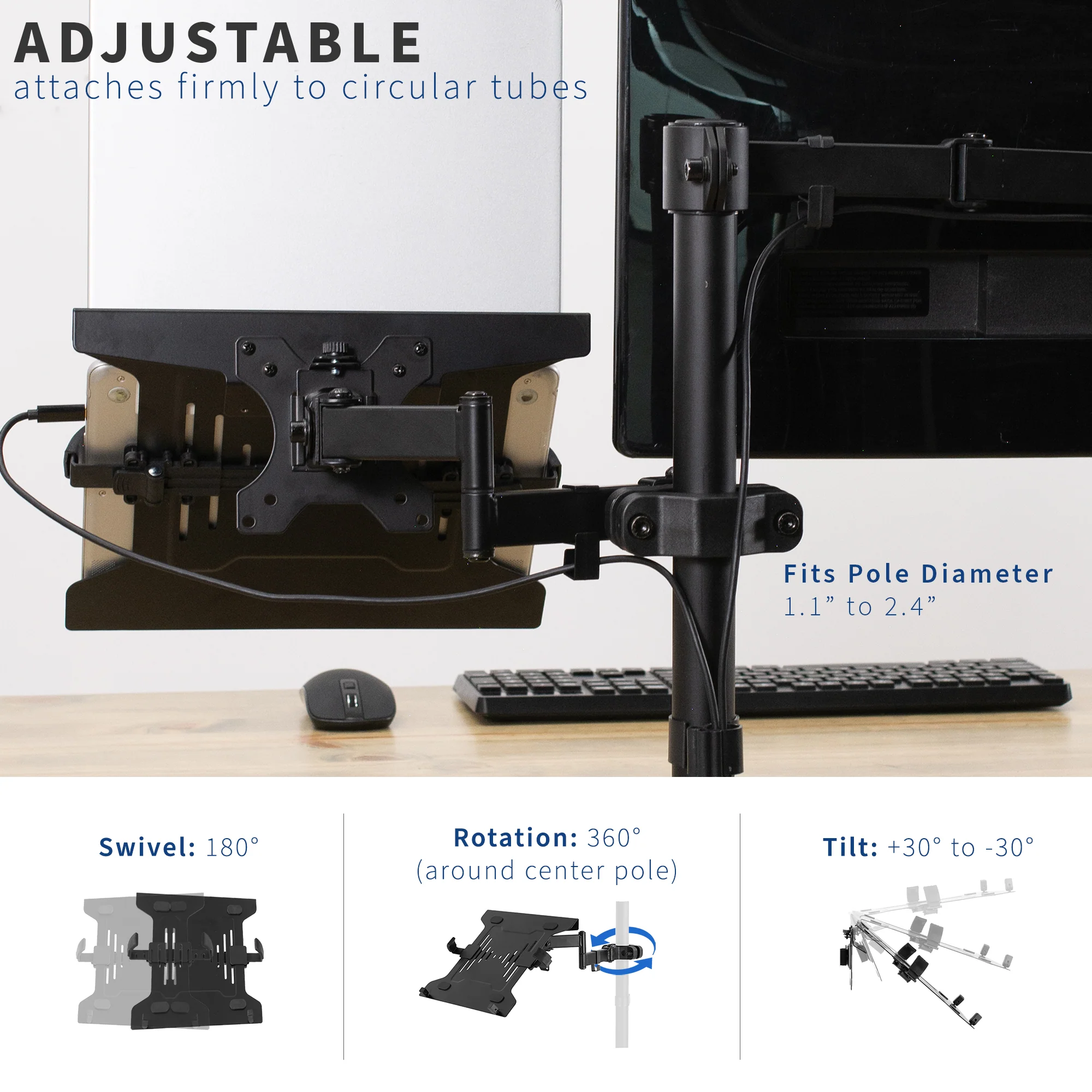 Pole Mount Laptop Arm with Removable 75mm and 100mm VESA Plate - Image 4