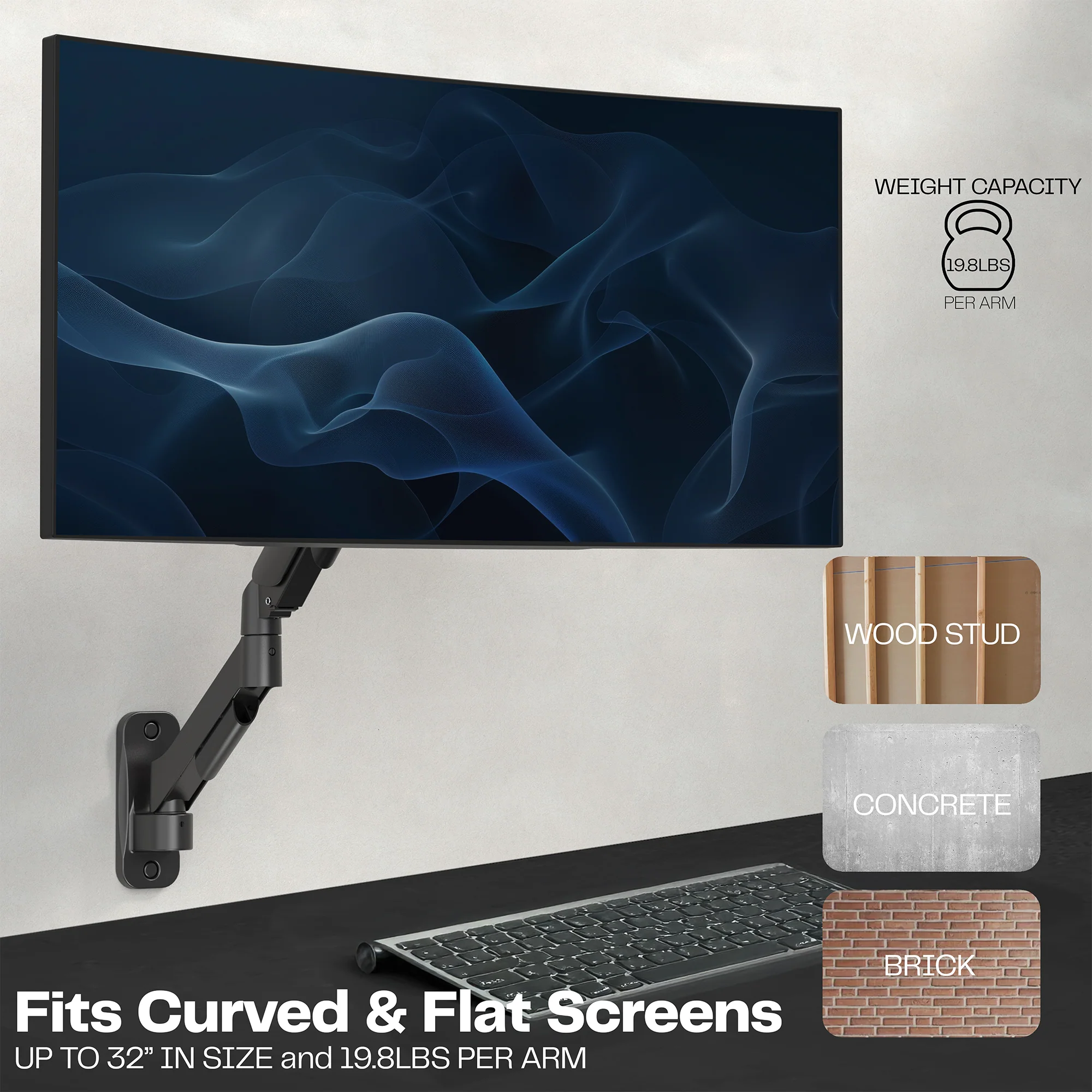 Pneumatic Arm Single Monitor Wall Mount - Up to 32" Screens - Image 6