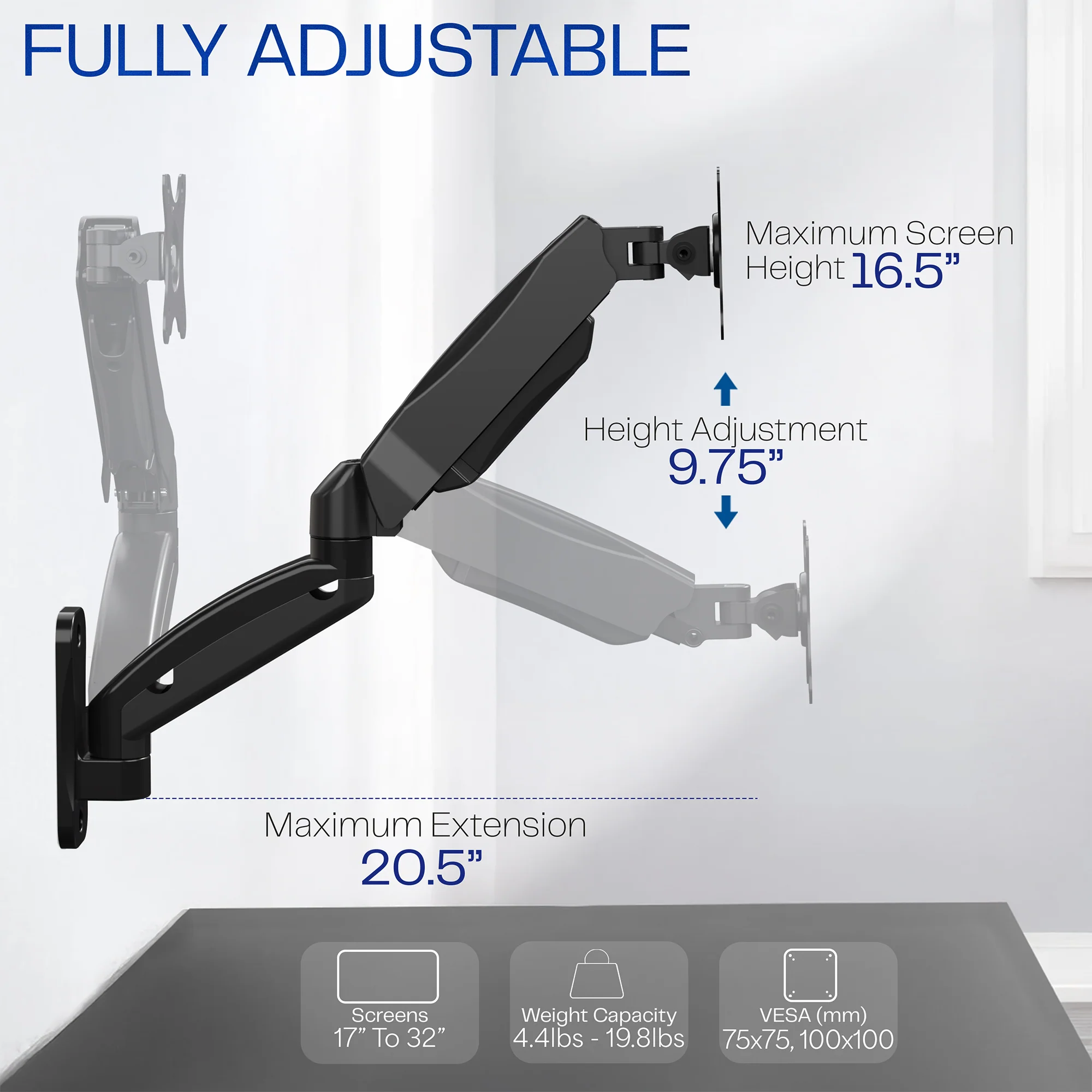 Pneumatic Arm Single Monitor Wall Mount - Up to 32" Screens - Image 9