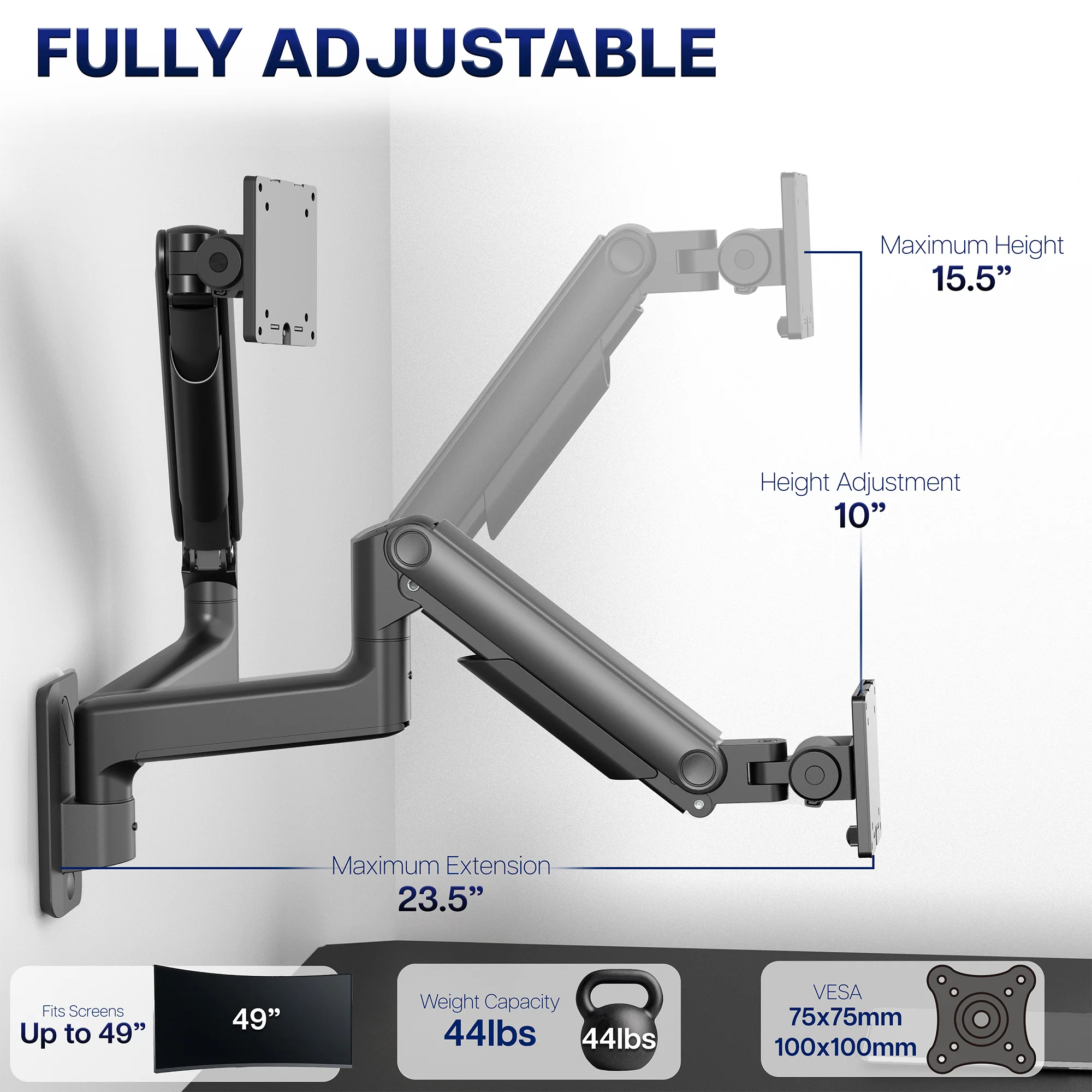 Pneumatic Arm Single Ultrawide Monitor Wall Mount - Up to 49" Screens - Image 3