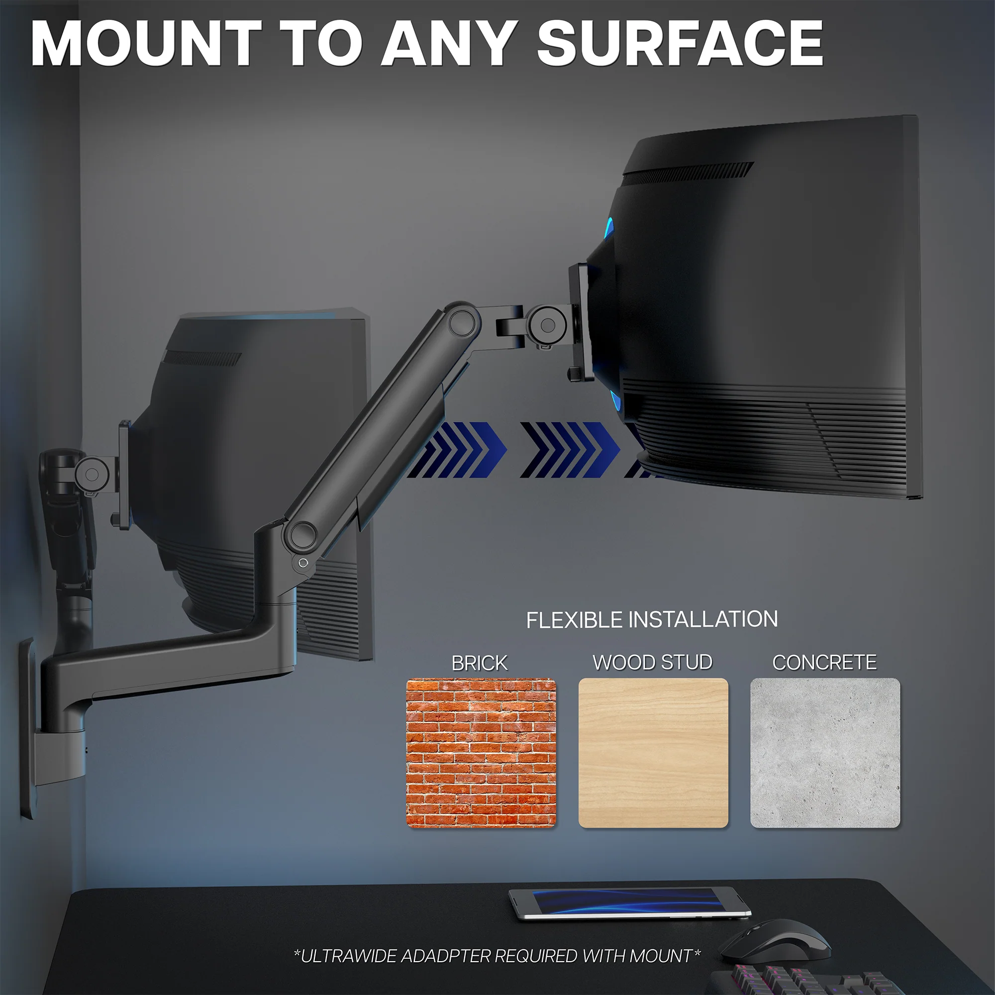 Pneumatic Arm Single Ultrawide Monitor Wall Mount - Up to 49" Screens - Image 4
