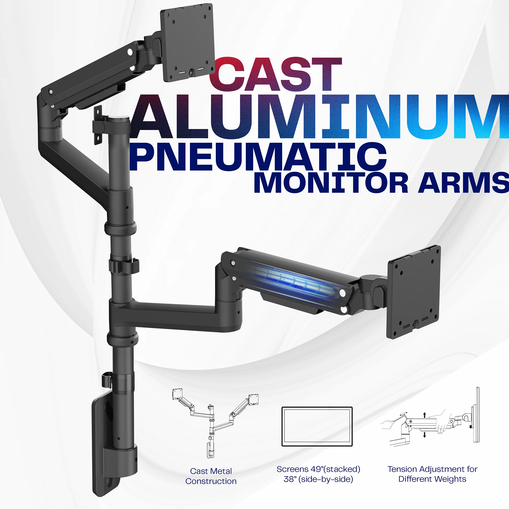 Pneumatic Arm Dual Ultrawide Monitor Wall Mount - Image 4