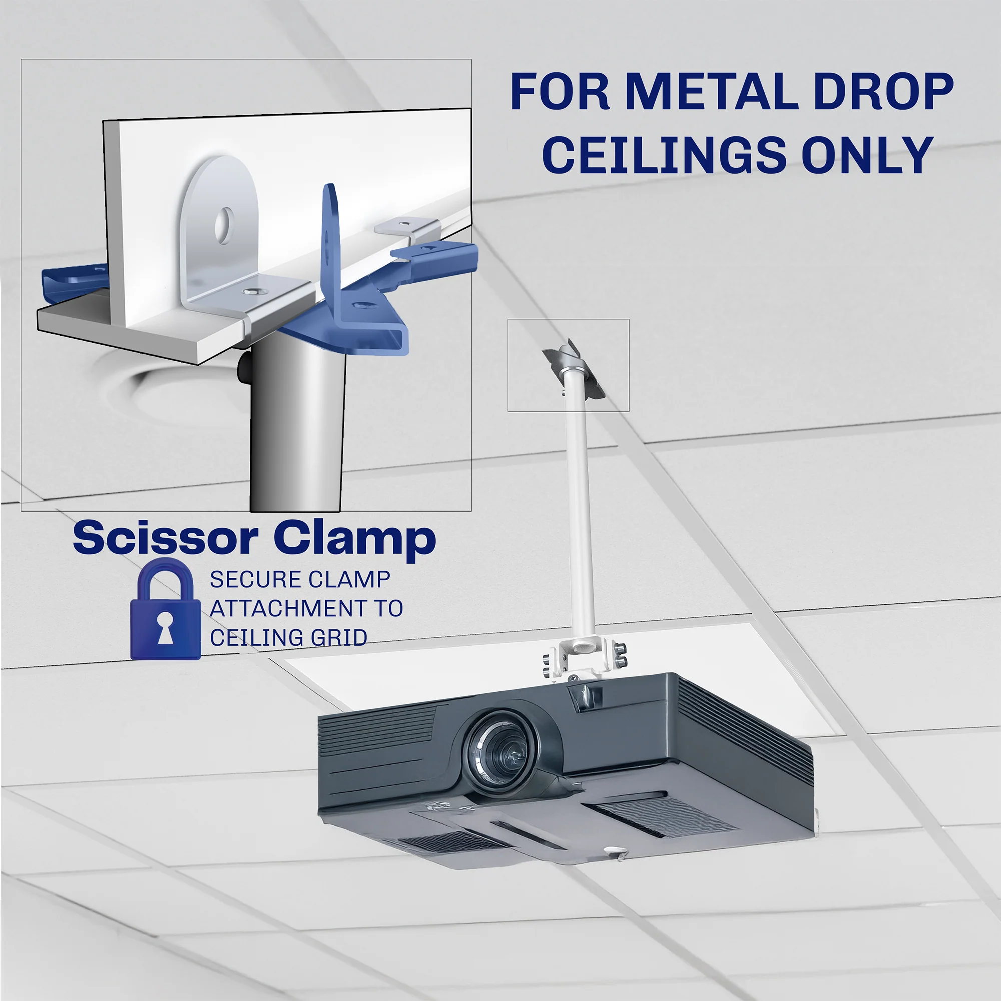 White Drop Ceiling Projector Mount with Scissor Clamp - Image 3