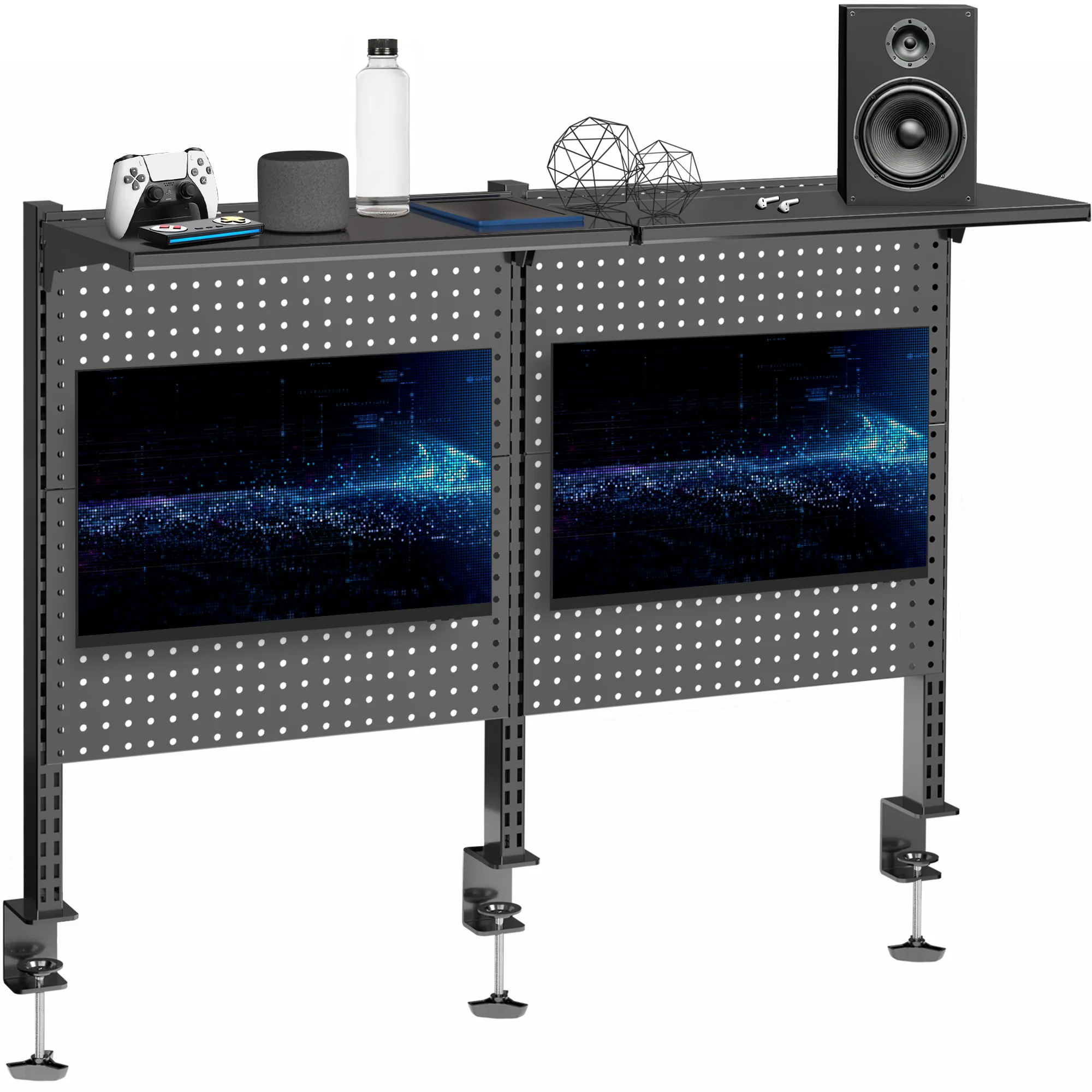 Clamp-on Pegboard with Monitor Mounts & Shelf - Up to 32" Screens - Image 10