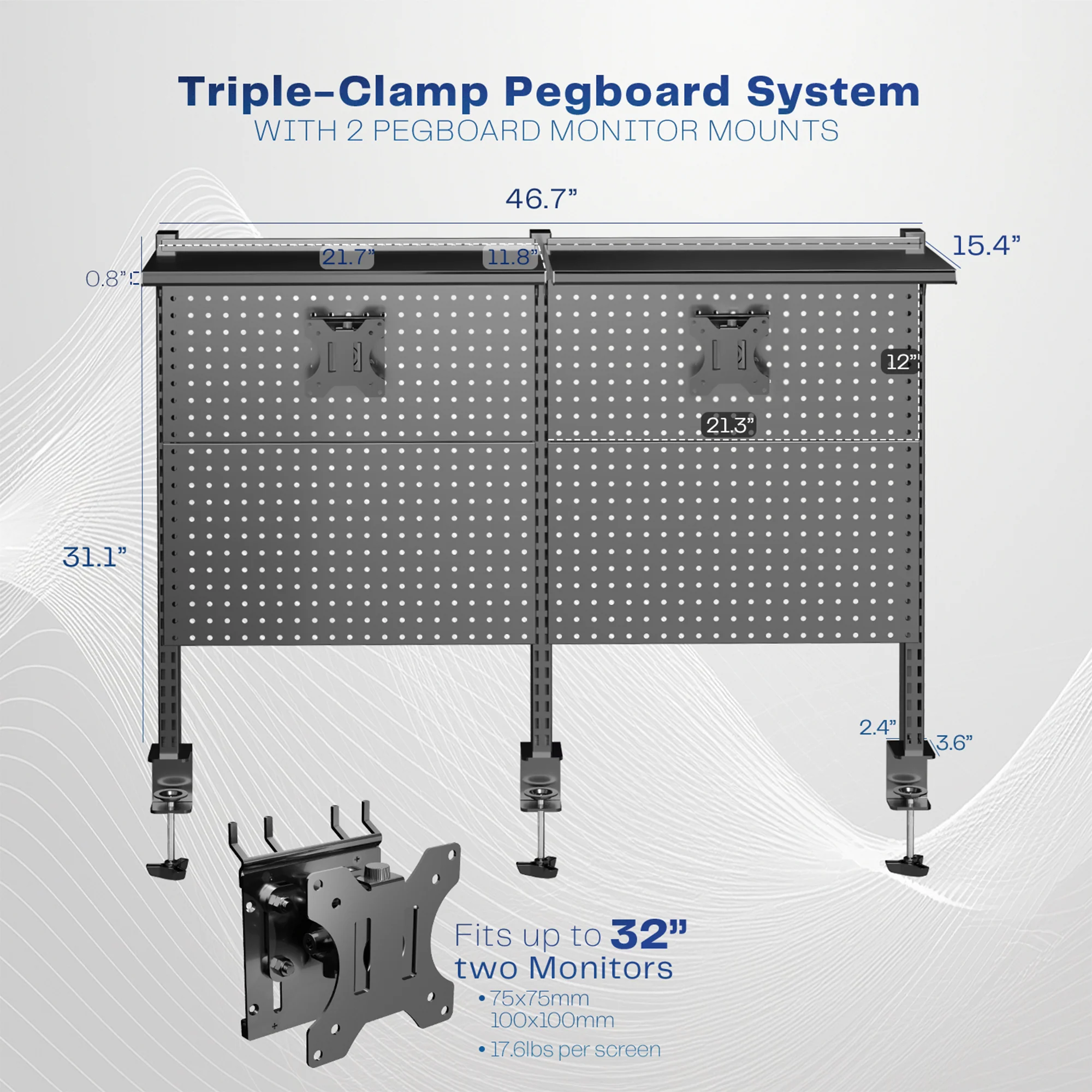Clamp-on Pegboard with Monitor Mounts & Shelf - Up to 32" Screens - Image 3