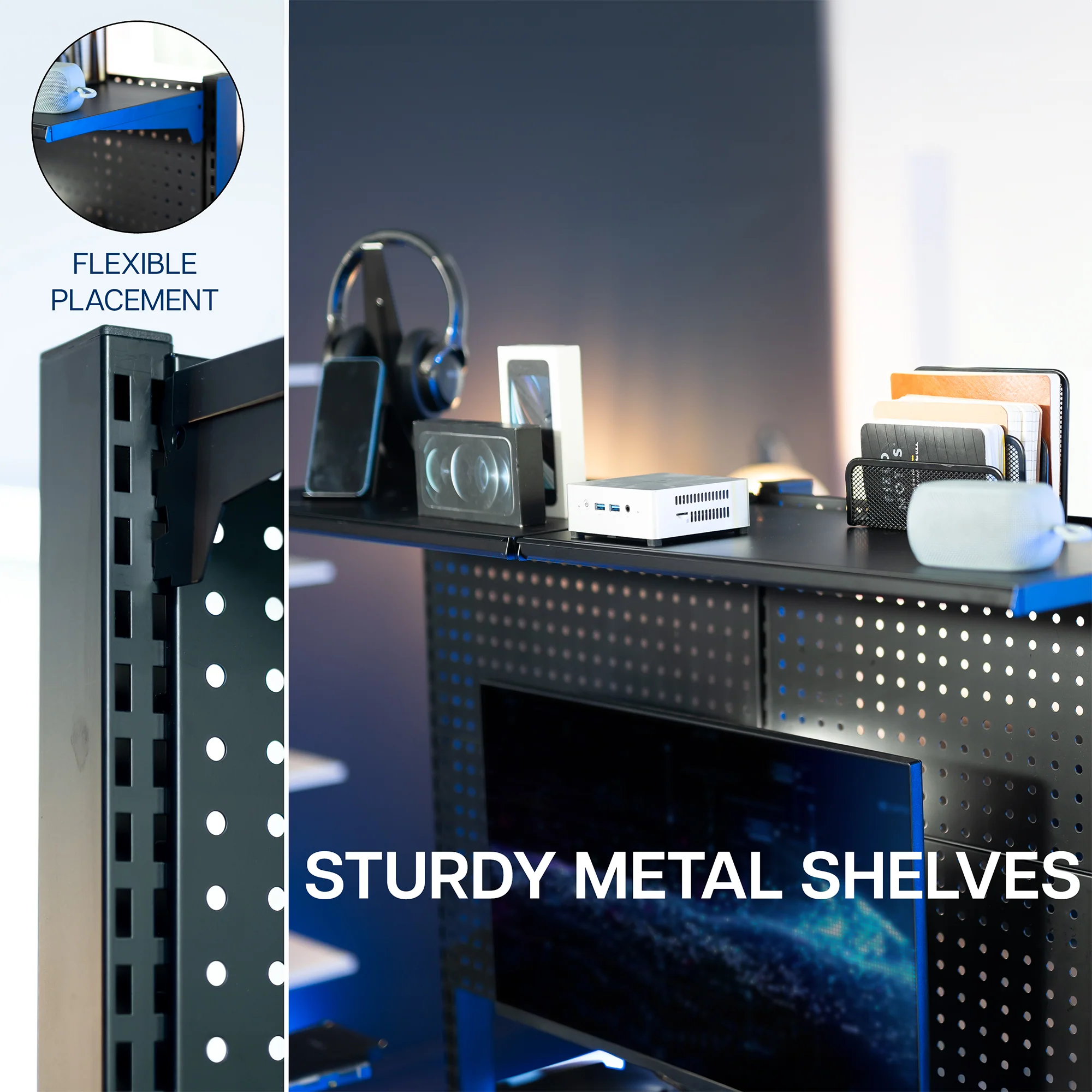 Clamp-on Pegboard with Monitor Mounts & Shelf - Up to 32" Screens - Image 6