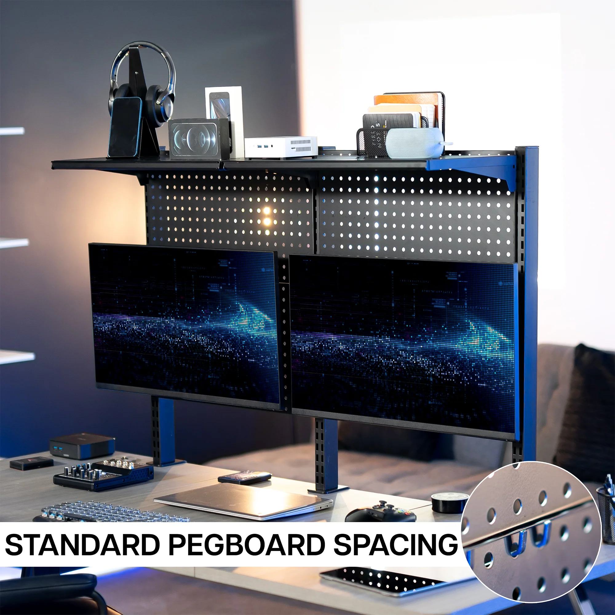 Clamp-on Pegboard with Monitor Mounts & Shelf - Up to 32" Screens - Image 7