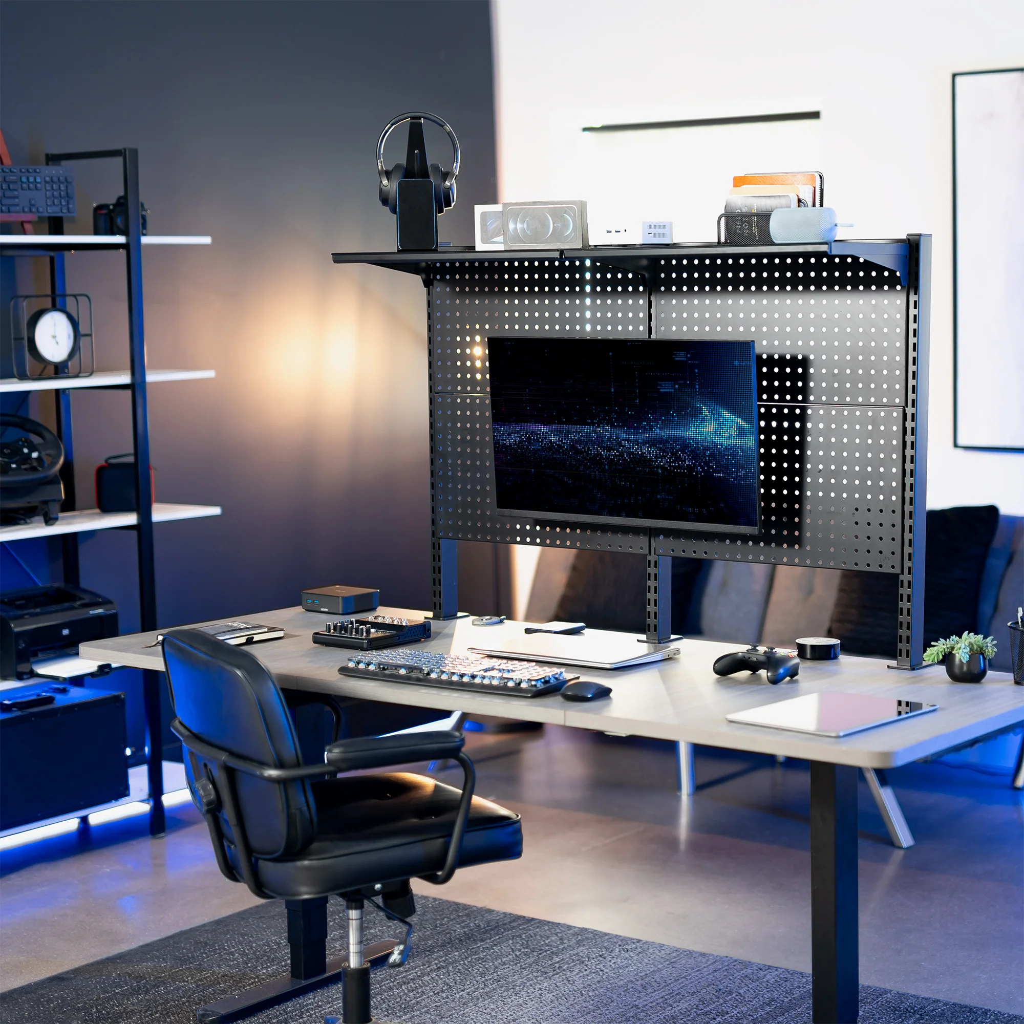 Clamp-on Pegboard with Monitor Mounts & Shelf - Up to 32" Screens - Image 8