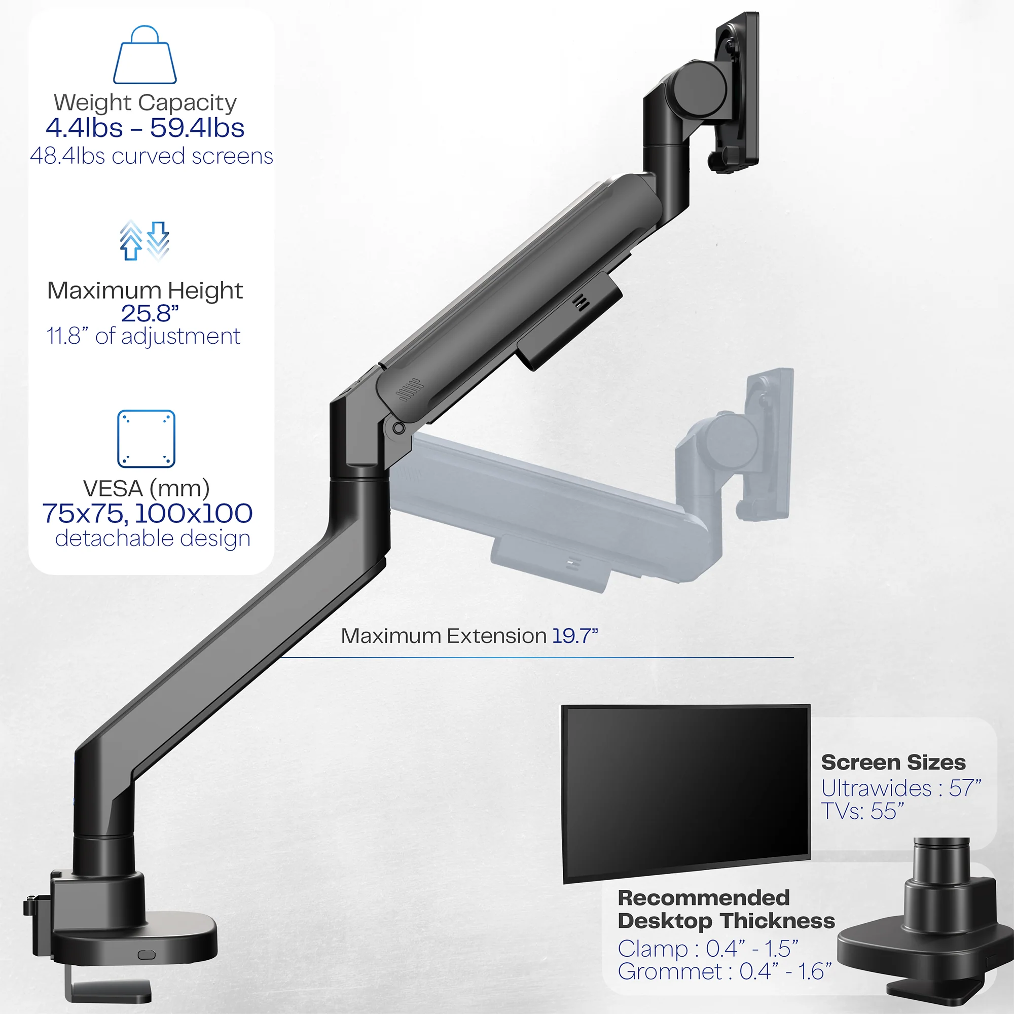 Pneumatic Arm Single Ultrawide Monitor Desk Mount - Up to 57" Screens - Image 4