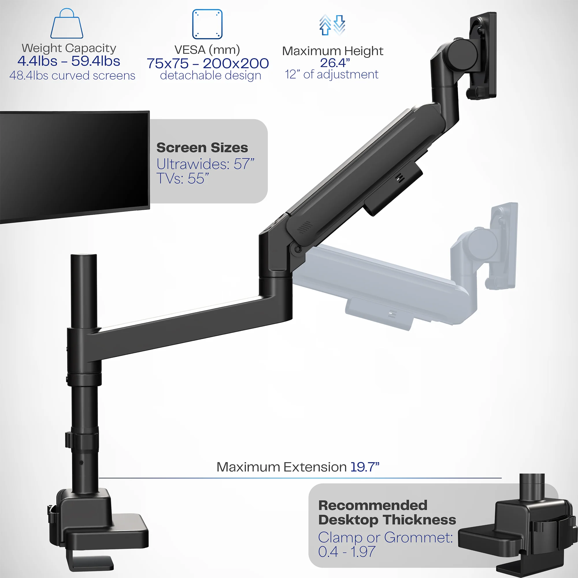 Pneumatic Arm Single Ultrawide Monitor Desk Mount - Up to 57" Screens - Image 3