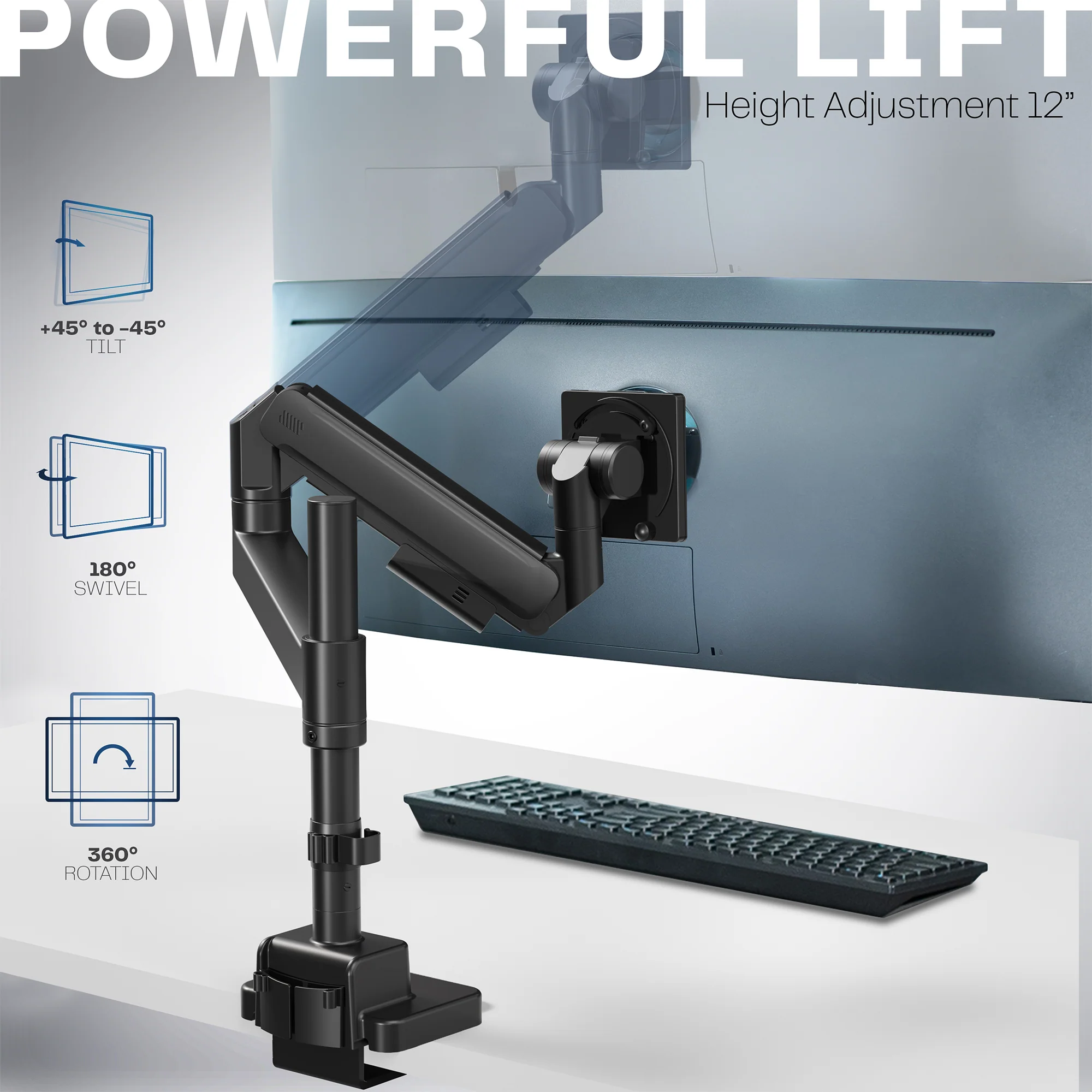 Pneumatic Arm Single Ultrawide Monitor Desk Mount - Up to 57" Screens - Image 4