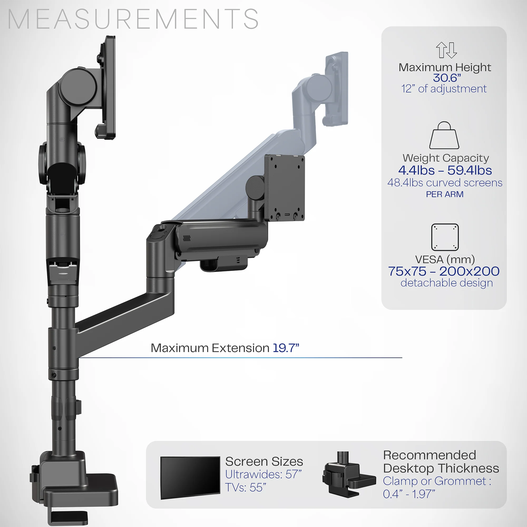 Pneumatic Arm Dual Ultrawide Monitor Desk Mount - Up to 57" Screens - Image 3
