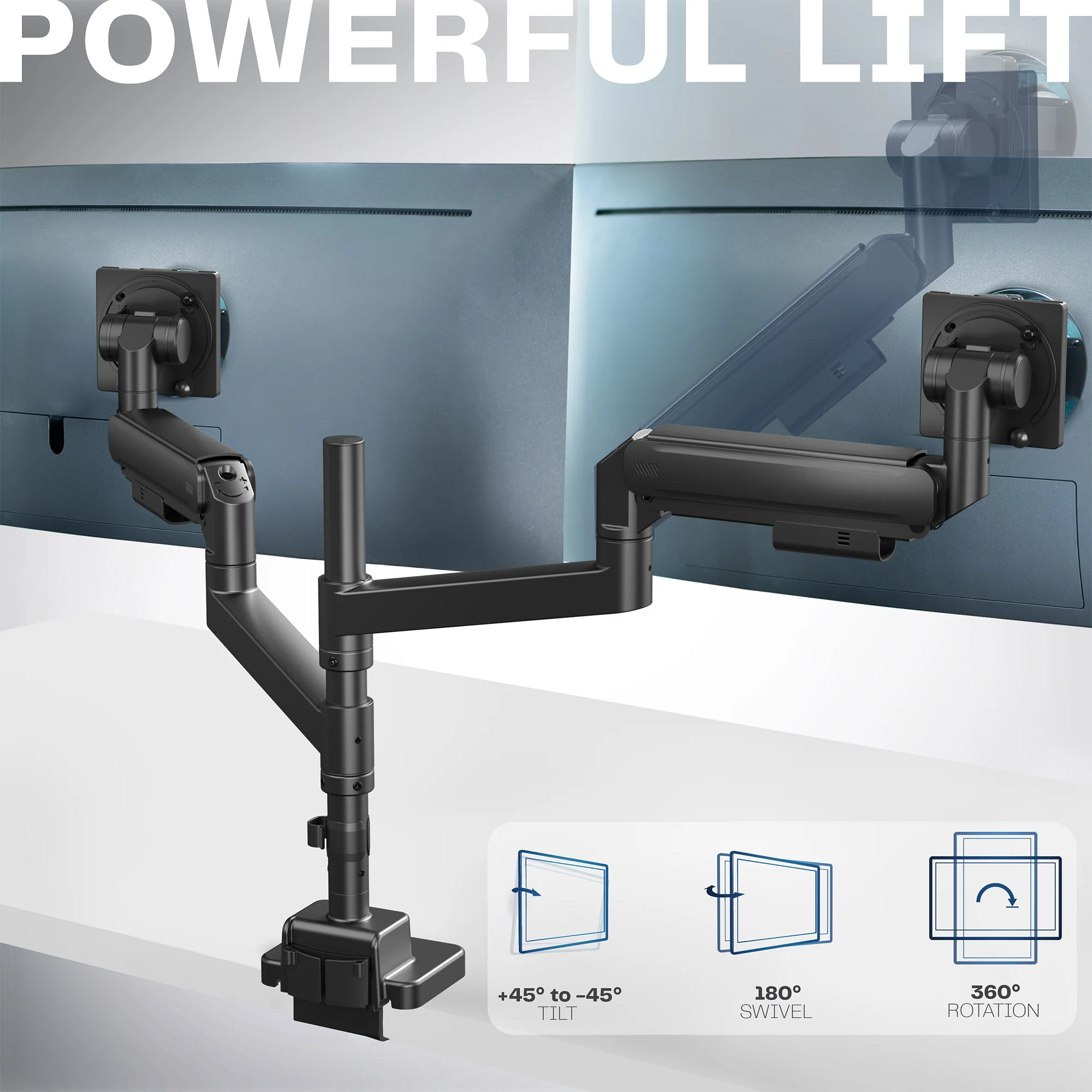 Pneumatic Arm Dual Ultrawide Monitor Desk Mount - Up to 57" Screens - Image 4