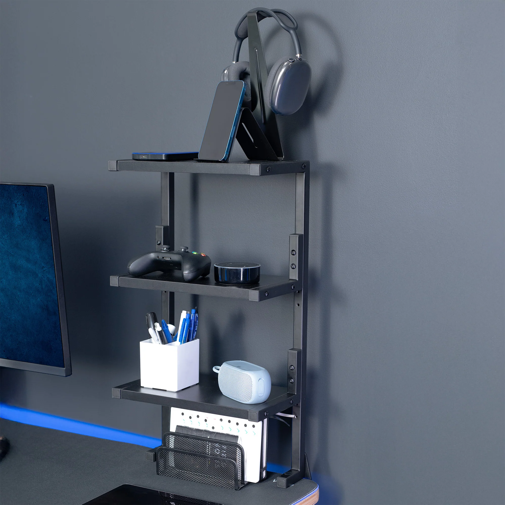 13" Clamp-on 3-Tier Shelving Unit for Desk - Image 9