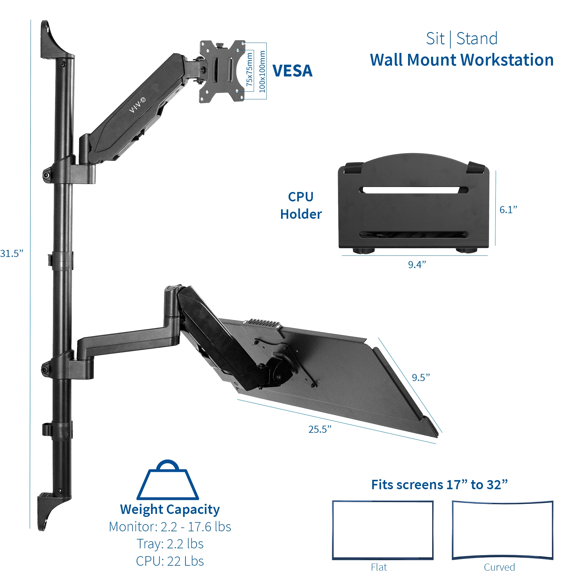 Single 17” to 32” Monitor Sit to Stand Wall Mount Workstation - Image 3