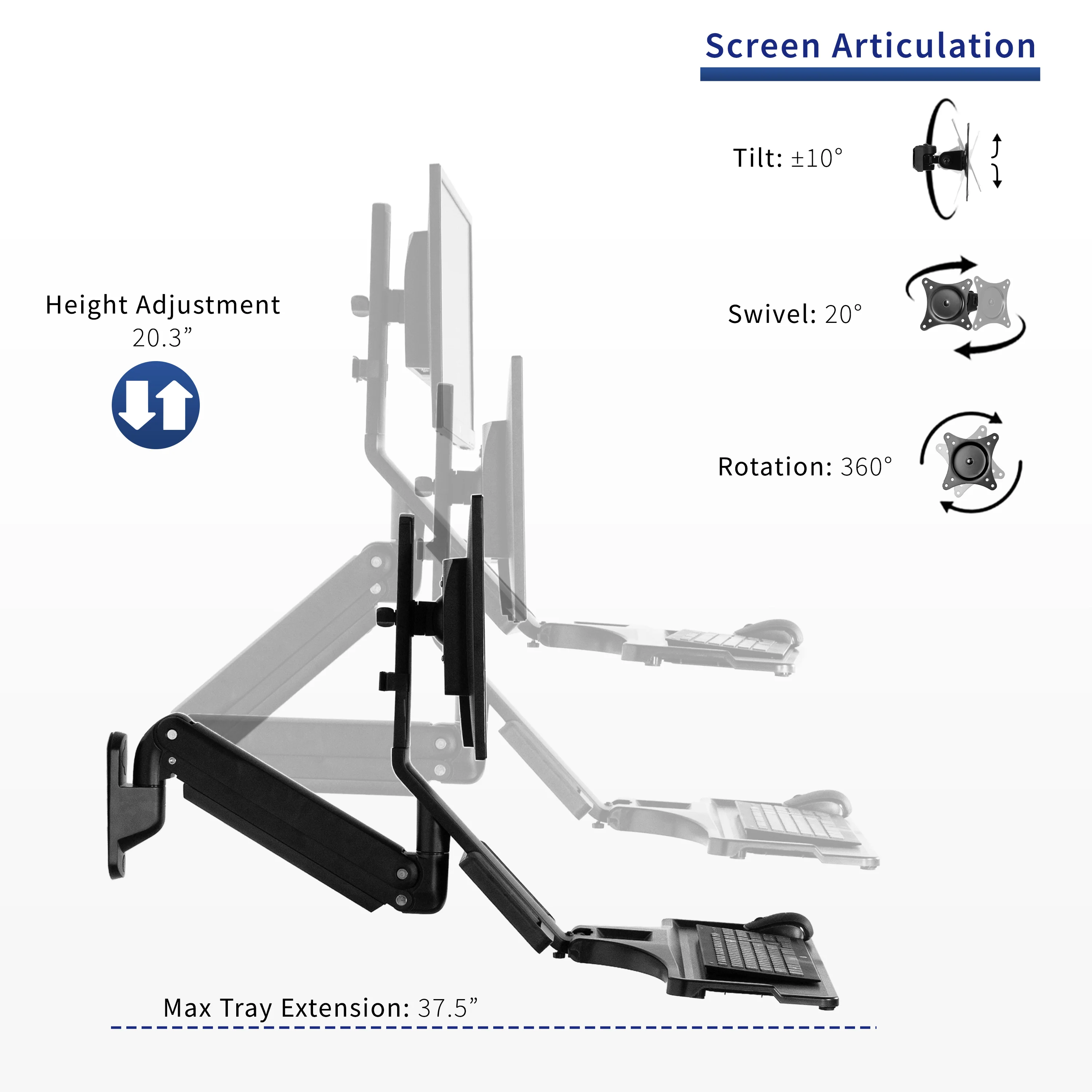 Single 17" to 32" Monitor Sit to Stand Wall Mount Workstation - Image 5