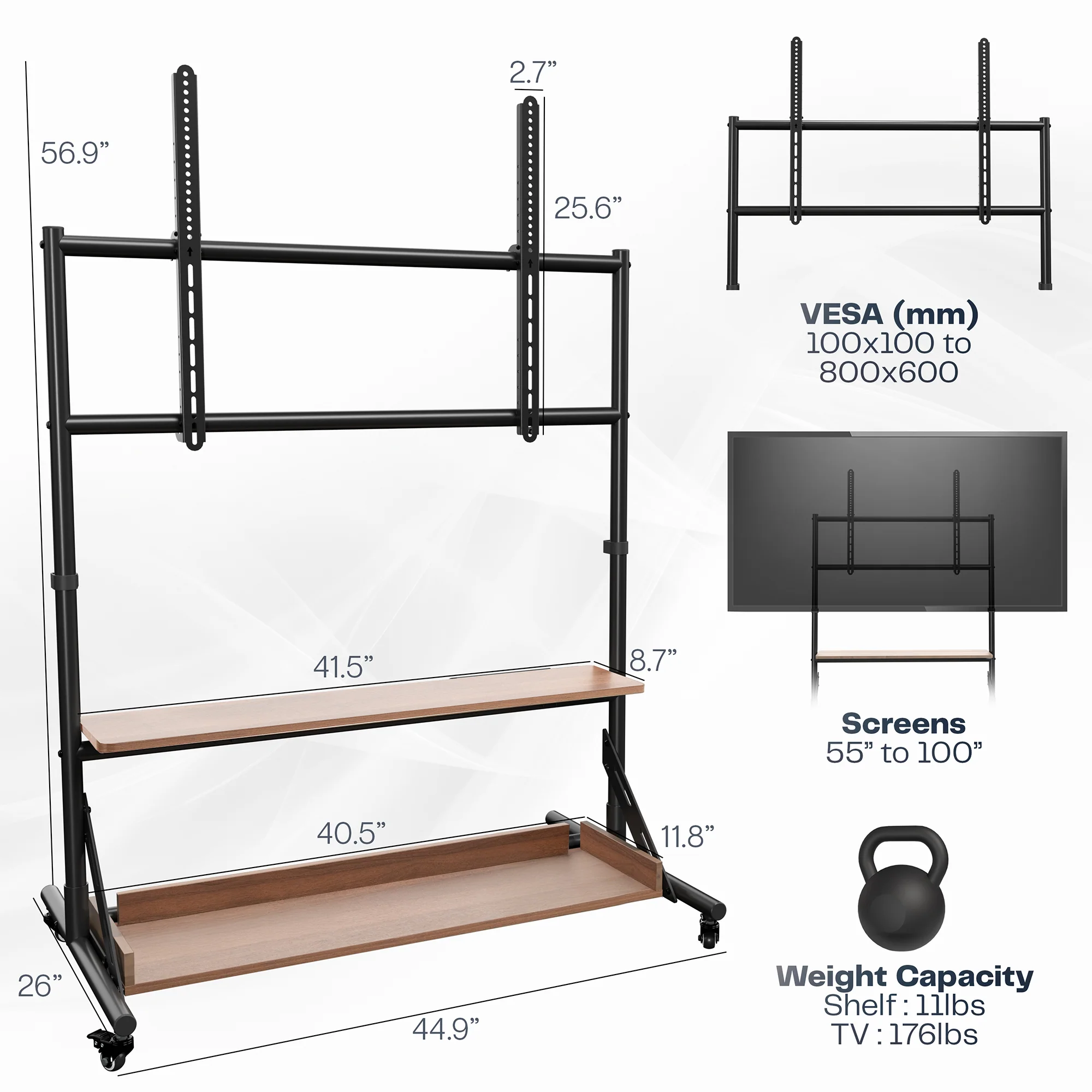 Heavy Duty TV Cart with Dark Wood Shelves - Image 3