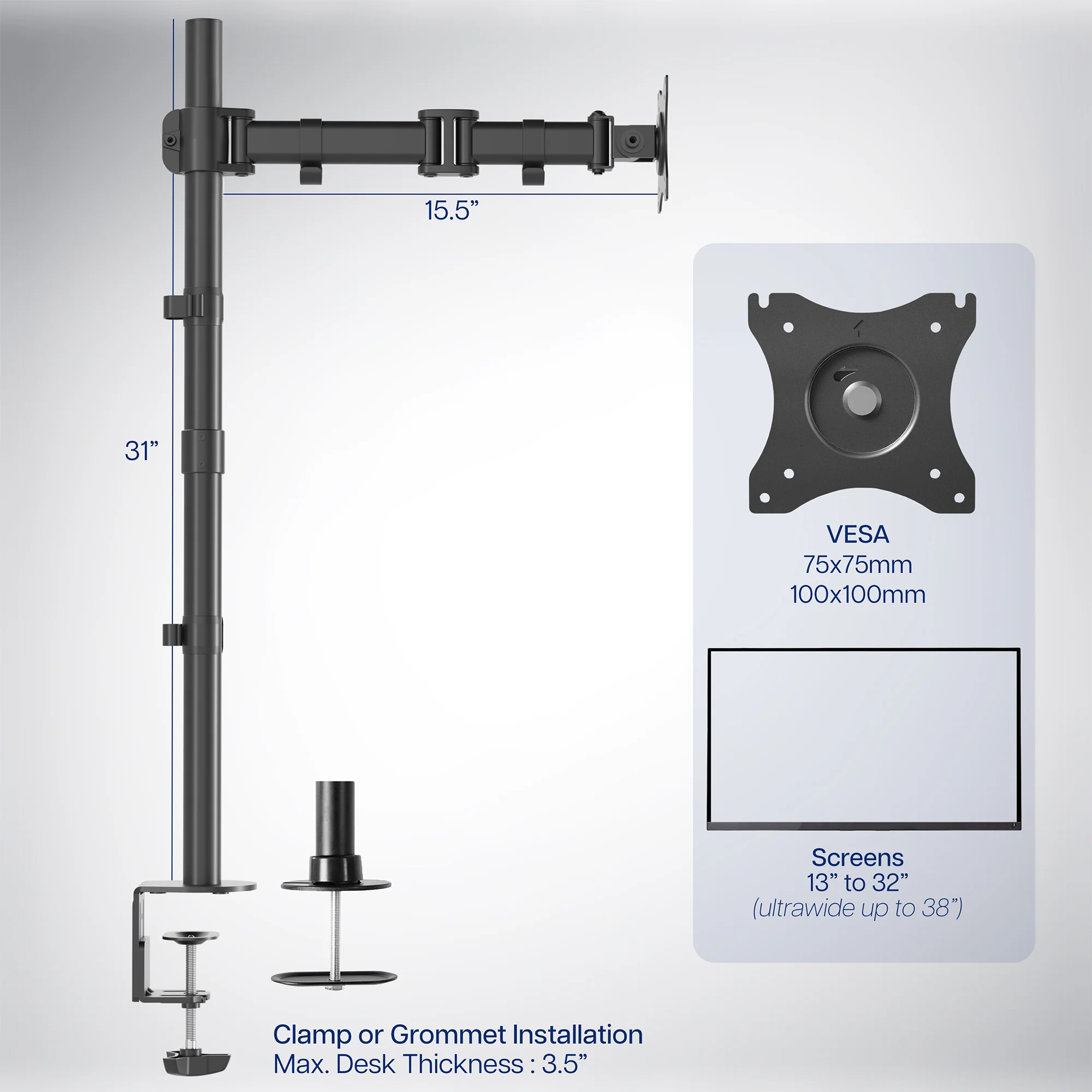 Single Monitor Extra Tall Desk Mount - Up to 38" Screens - Image 5