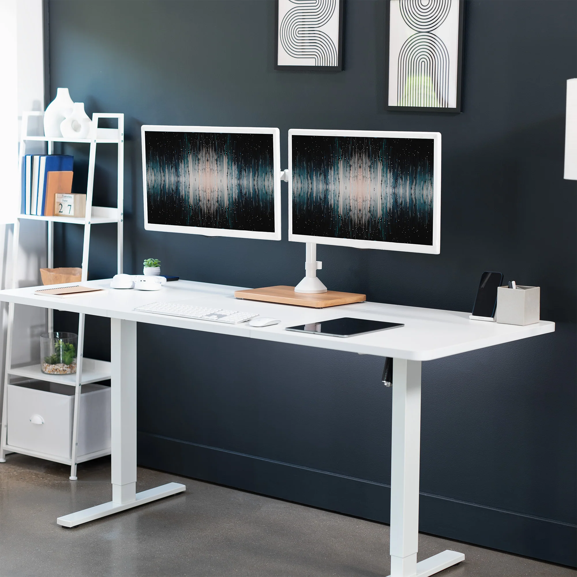 Dual 13” to 32” Monitor Desk Stand with Wood Base - Image 11