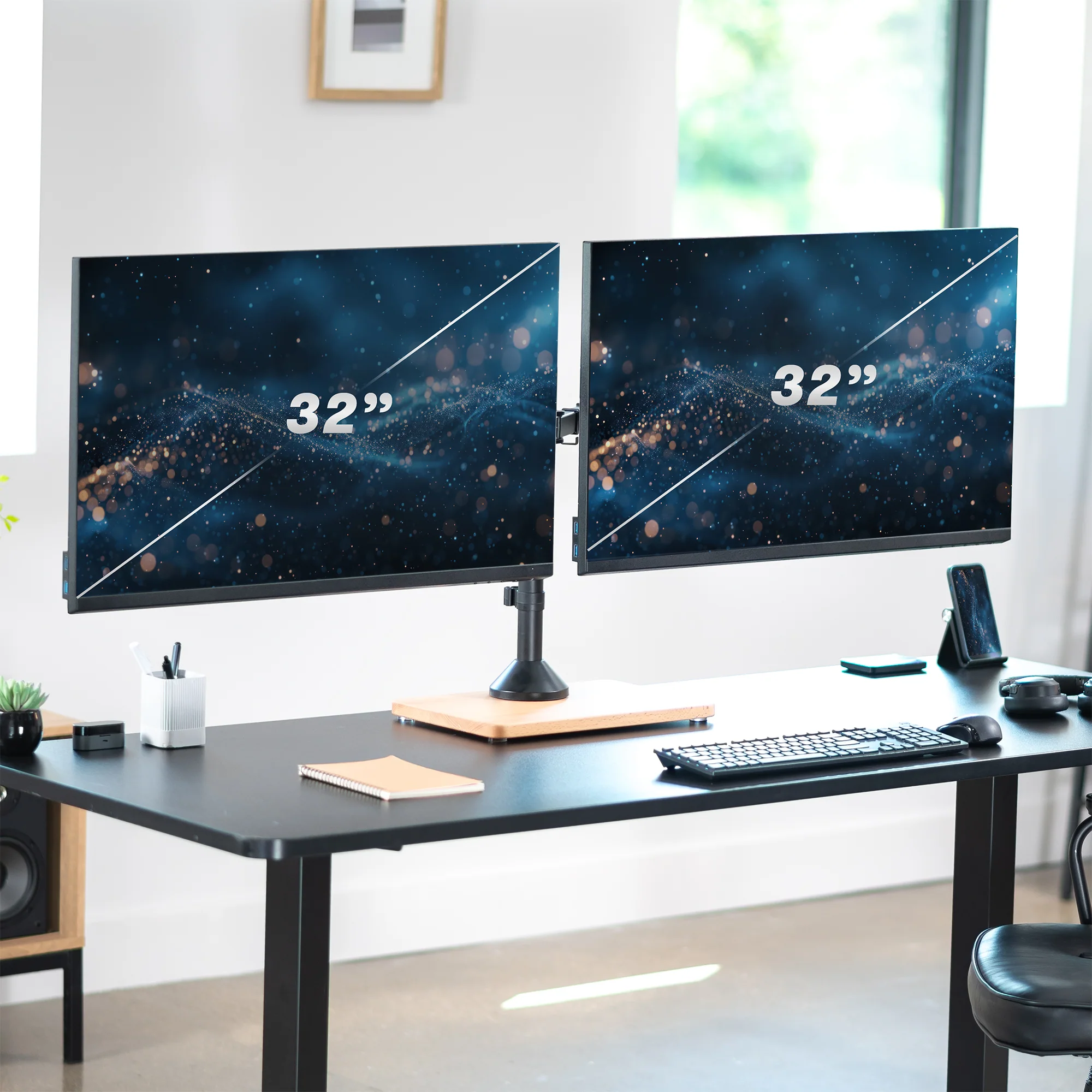 Dual 13” to 32” Monitor Desk Stand with Wood Base - Image 3