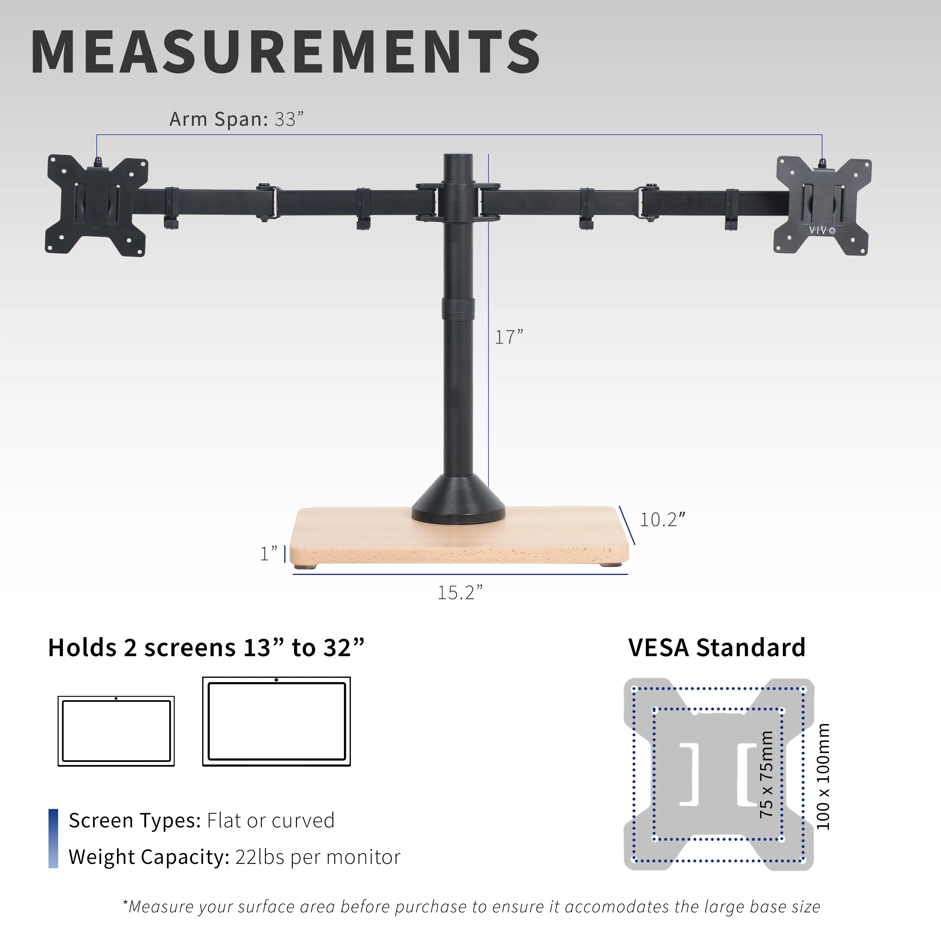 Dual 13” to 32” Monitor Desk Stand with Wood Base - Image 5