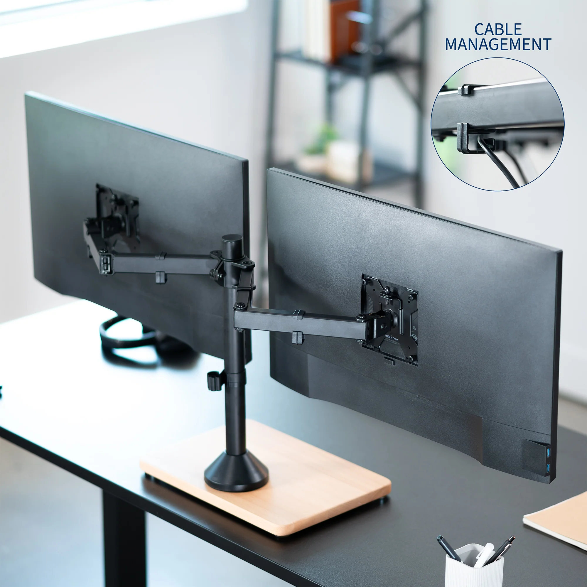 Dual 13” to 32” Monitor Desk Stand with Wood Base - Image 8
