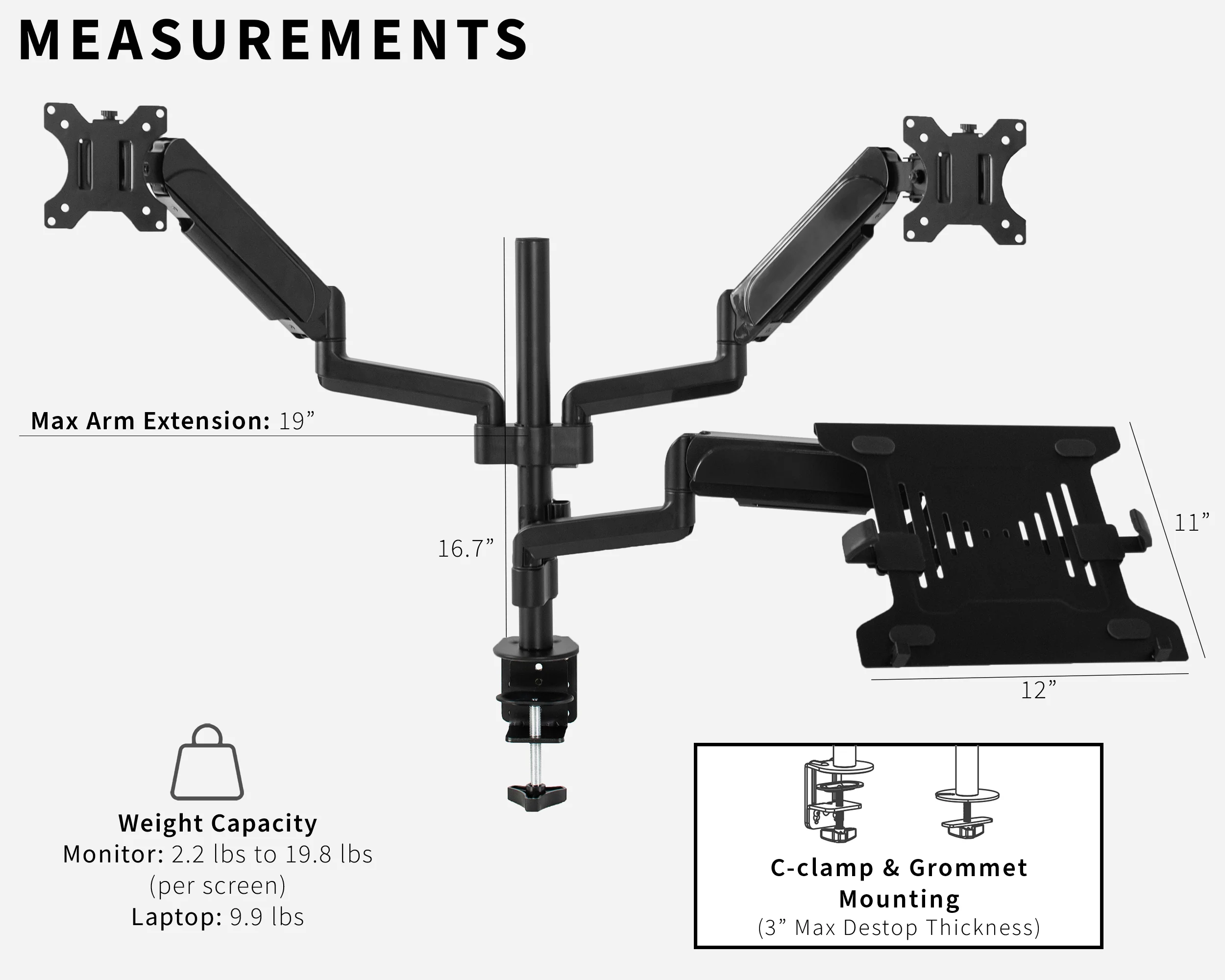 Pneumatic Arm Dual 17" to 32" Monitor and Laptop Desk Mount - Image 3