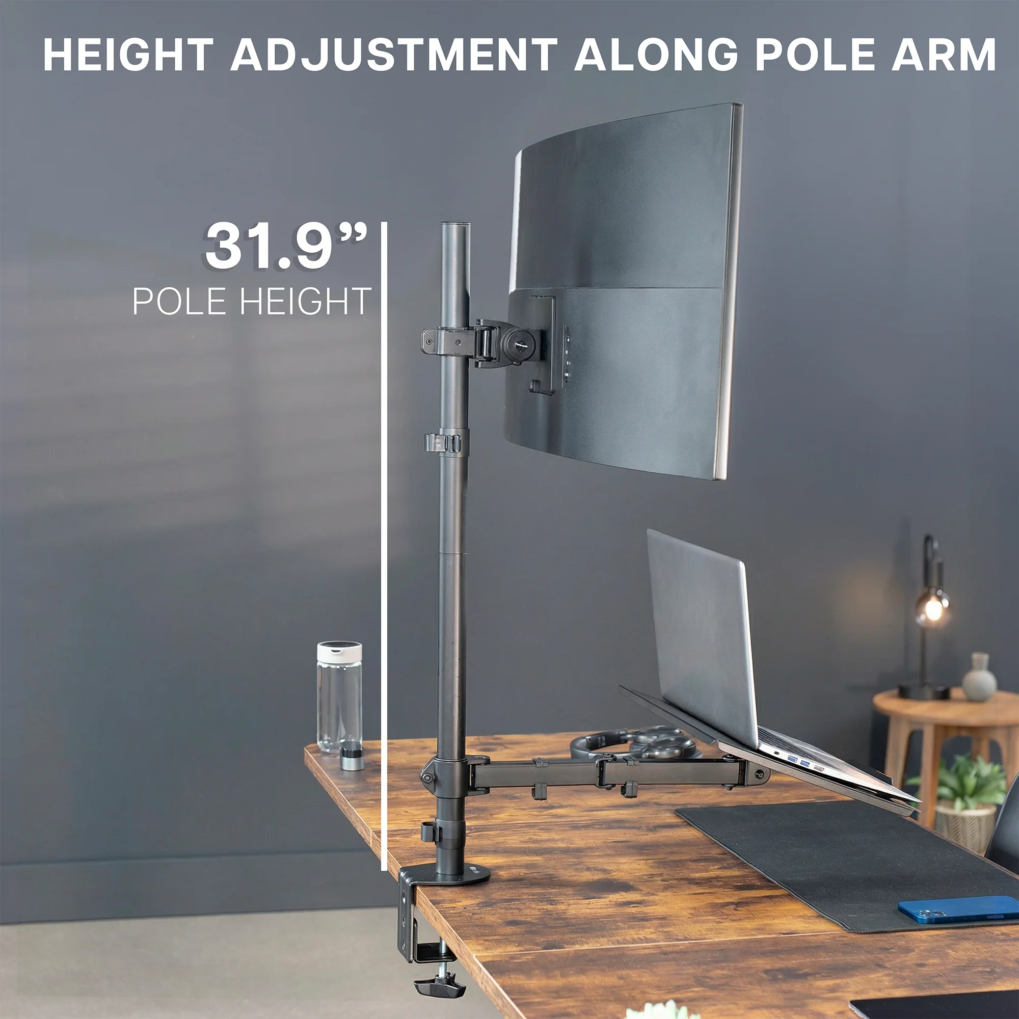 Single Ultrawide Monitor and Laptop Extra Tall Desk Mount - Up to 49" Ultrawides, 17" Laptops - Image 6