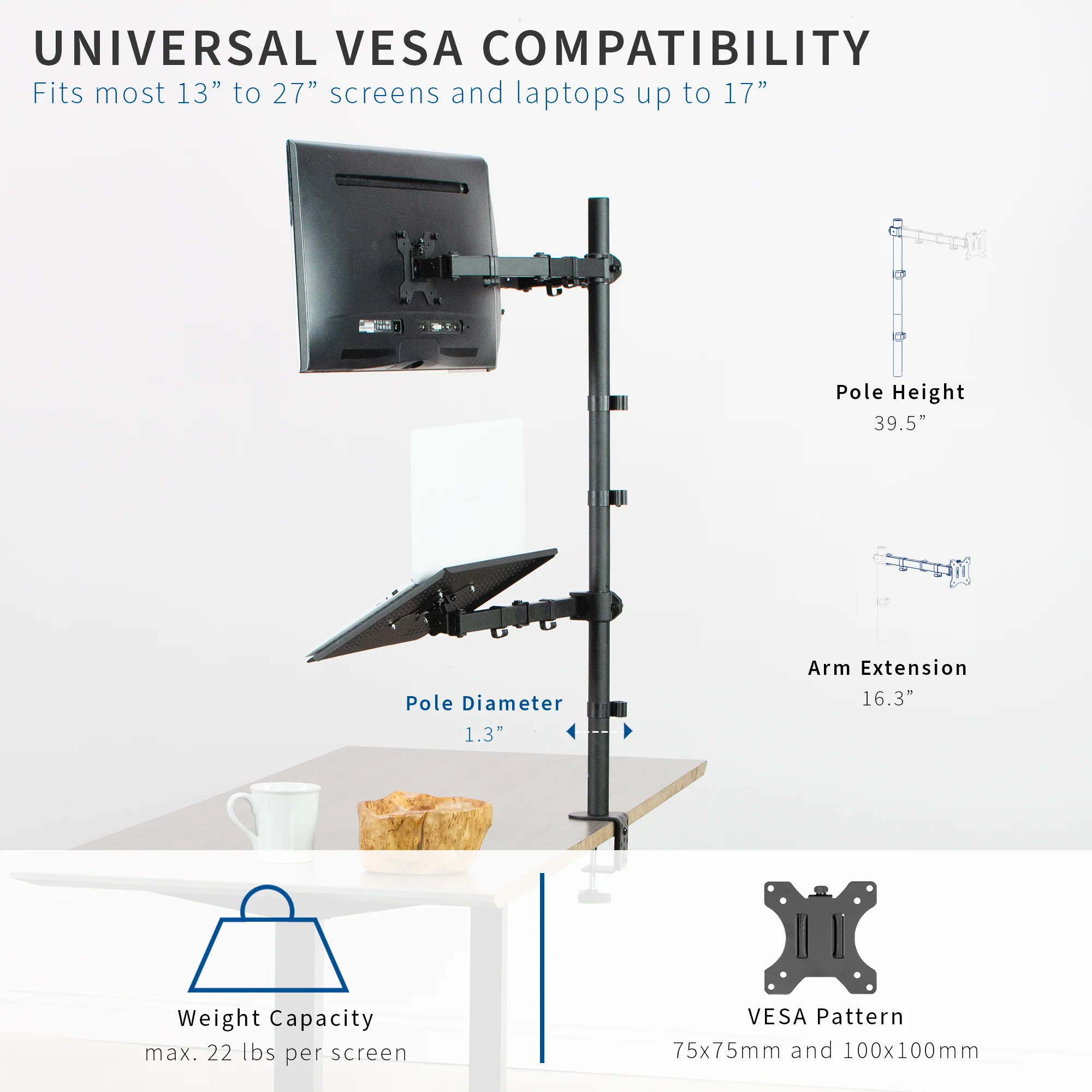 Dual 13" to 27" Monitor Extra Tall Desk Mount with Laptop Holder - Image 4