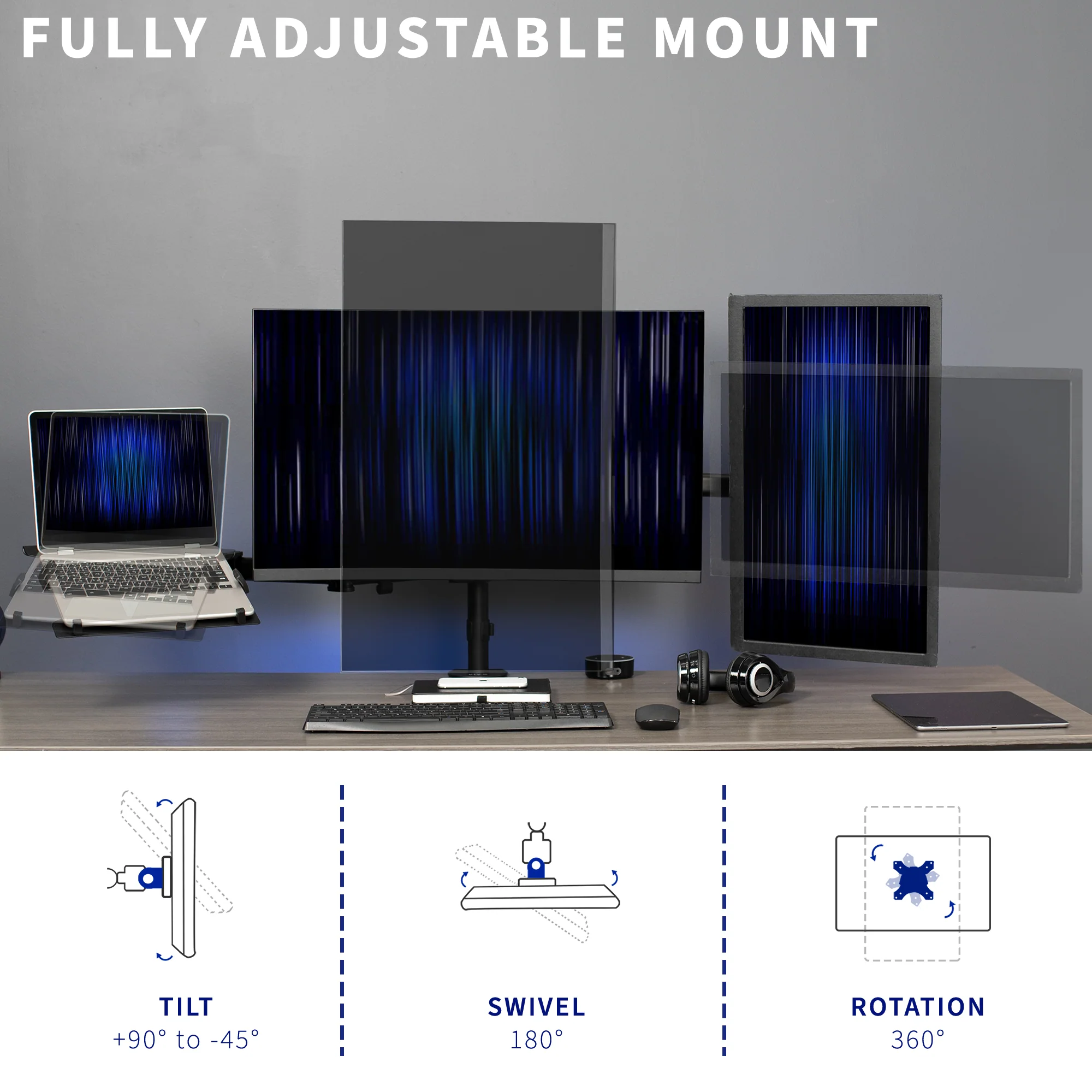 Dual Monitor + Single Laptop Desk Mount - Up to 27" Screens, 15.6" Laptops - Image 5