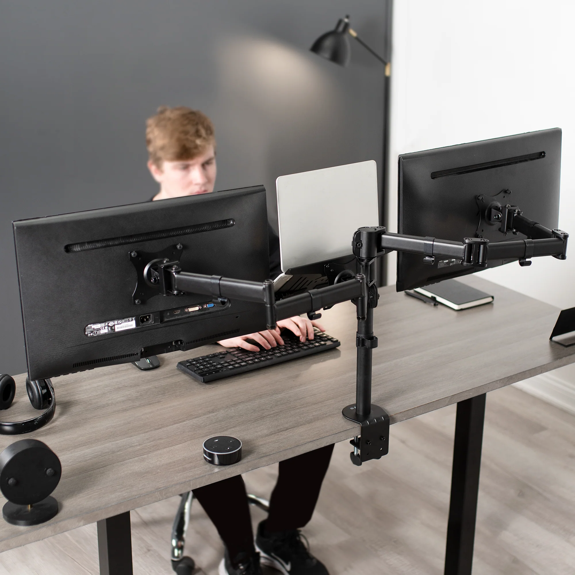 Dual Monitor + Single Laptop Desk Mount - Up to 27" Screens, 15.6" Laptops - Image 7