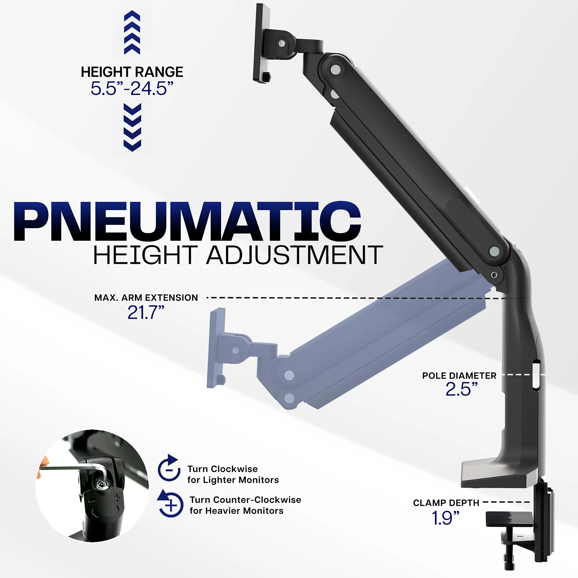 Pneumatic Arm Single Ultrawide Monitor Desk Mount - Up to 49" Screens - Image 5