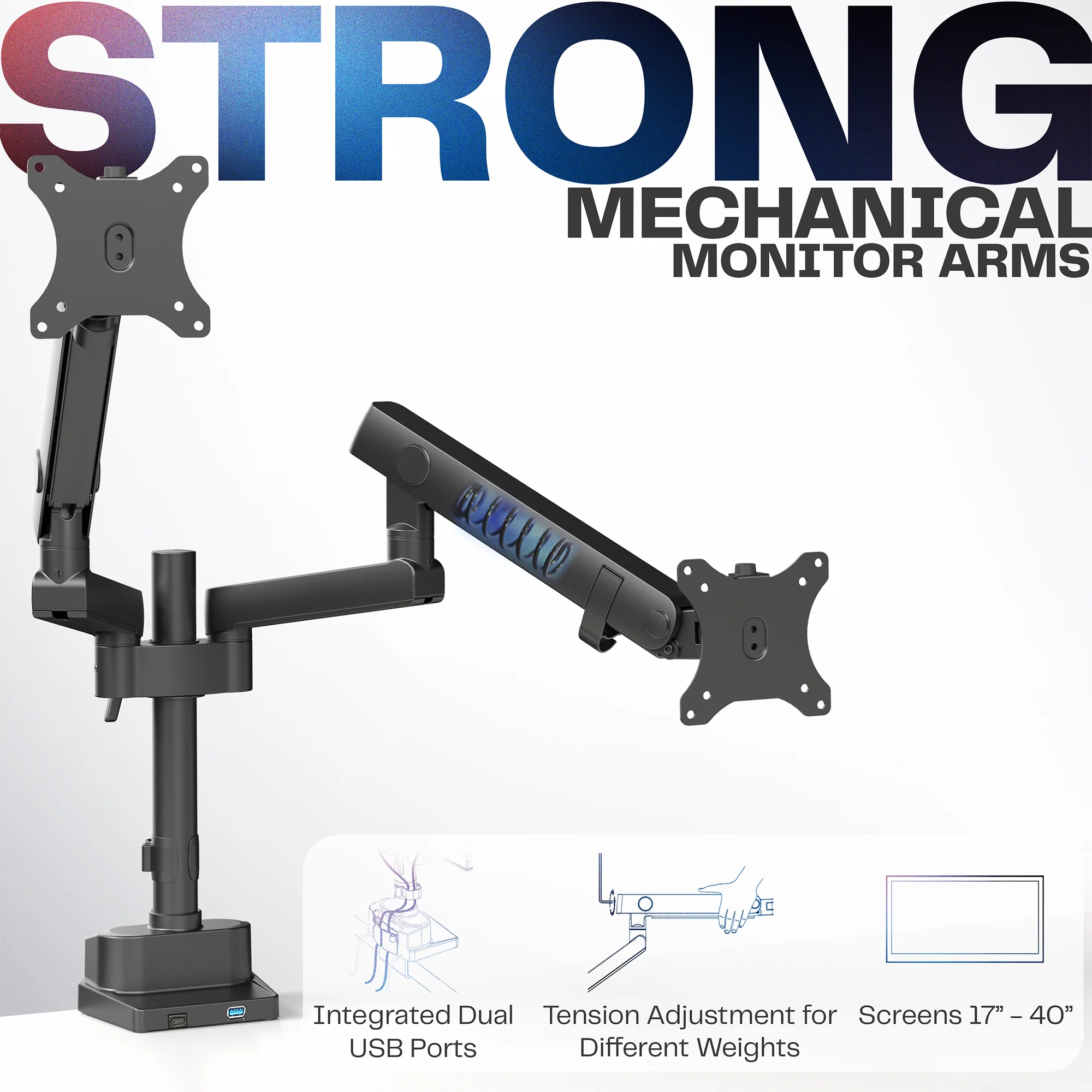 Mechanical Arm Dual Ultrawide Monitor Desk Mount with USB - Up to 40" Screens - Image 3