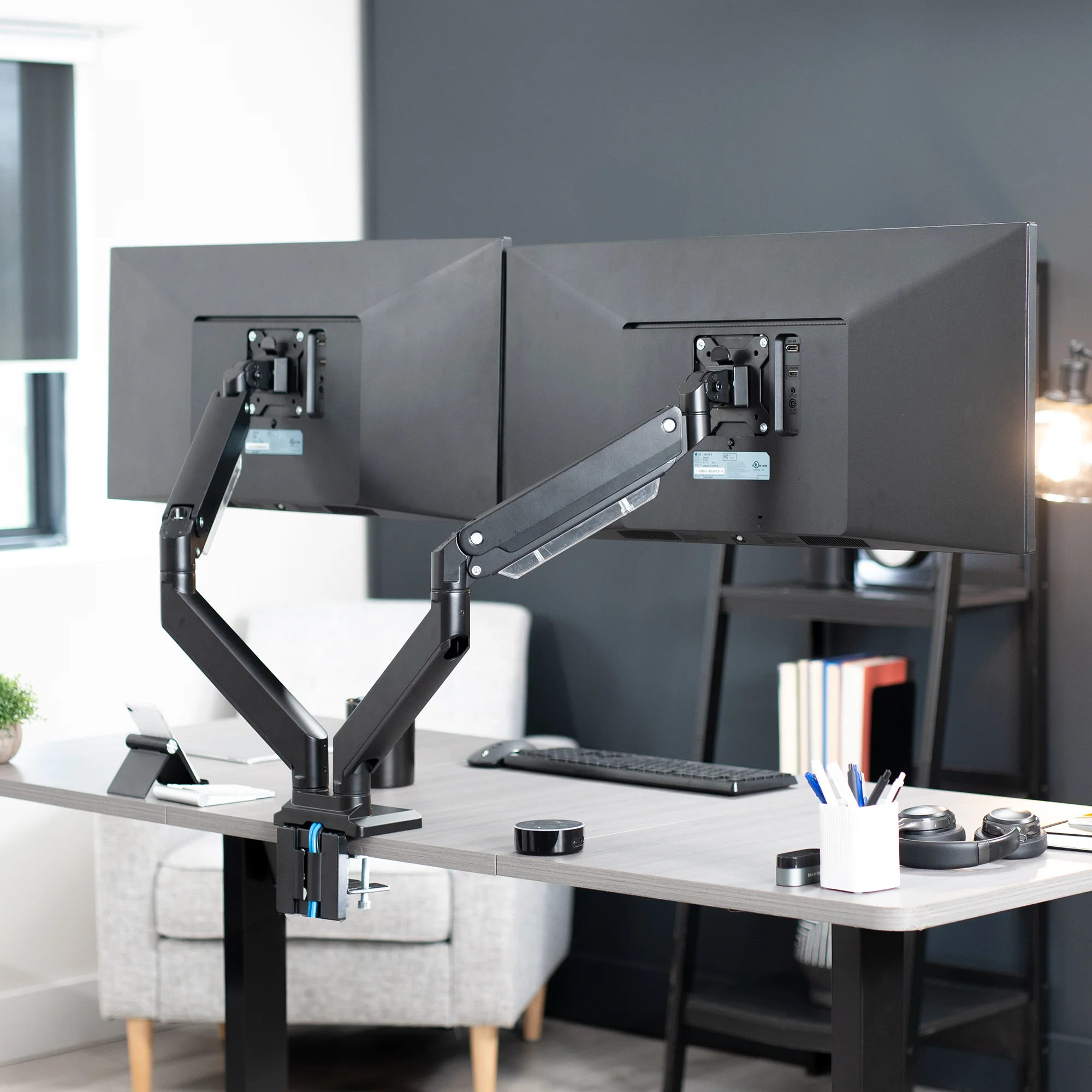 Pneumatic Arm Dual Ultrawide Monitor Desk Mount with USB - Up to 38" Screens - Image 11