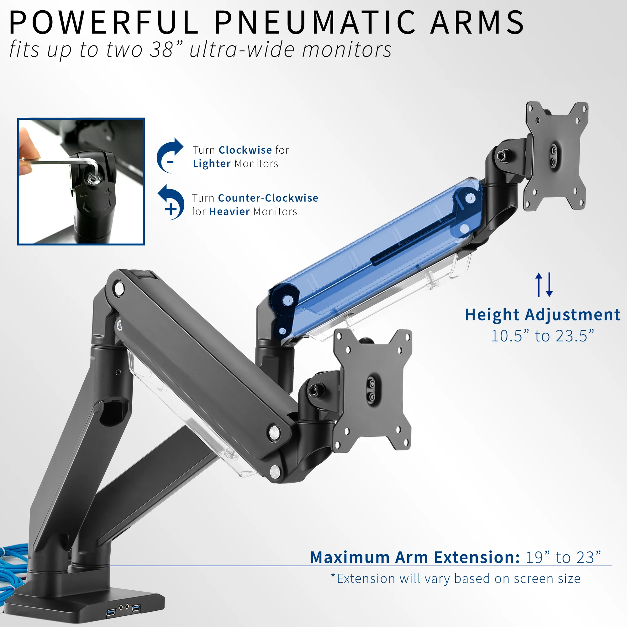 Pneumatic Arm Dual Ultrawide Monitor Desk Mount with USB - Up to 38" Screens - Image 3