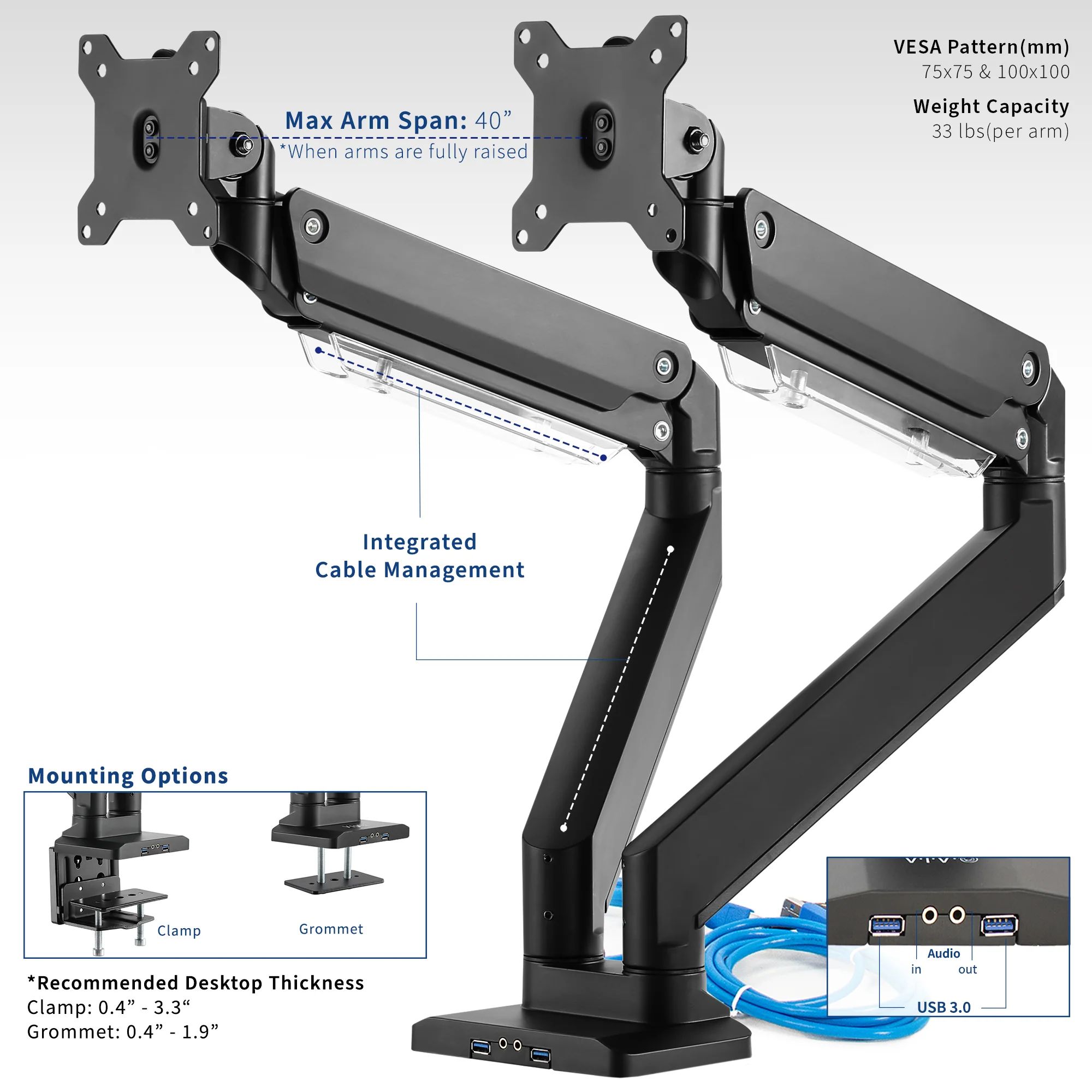 Pneumatic Arm Dual Ultrawide Monitor Desk Mount with USB - Up to 38" Screens - Image 4