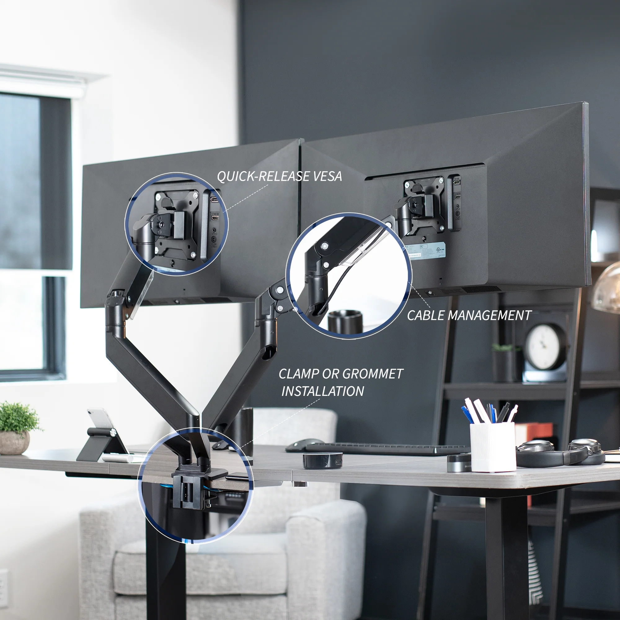 Pneumatic Arm Dual Ultrawide Monitor Desk Mount with USB - Up to 38" Screens - Image 7