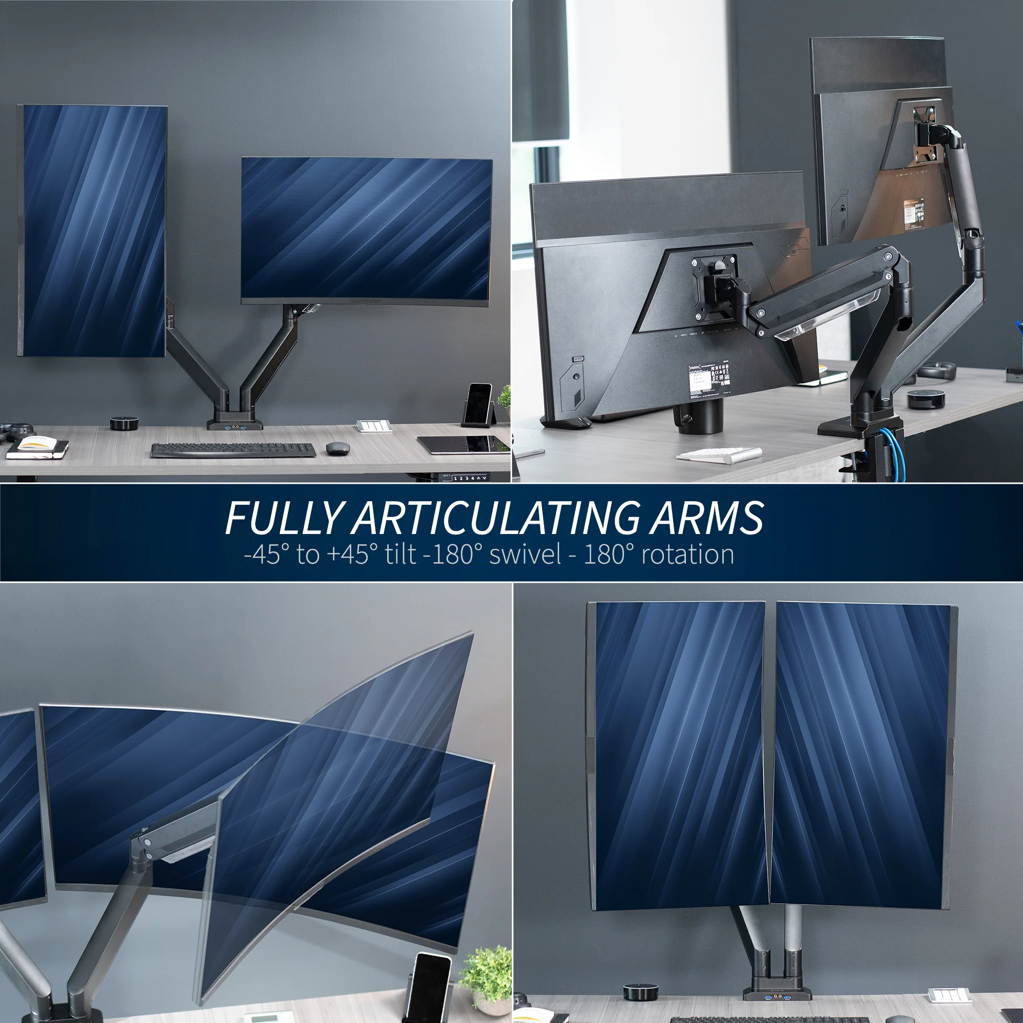 Pneumatic Arm Dual Ultrawide Monitor Desk Mount with USB - Up to 38" Screens - Image 9
