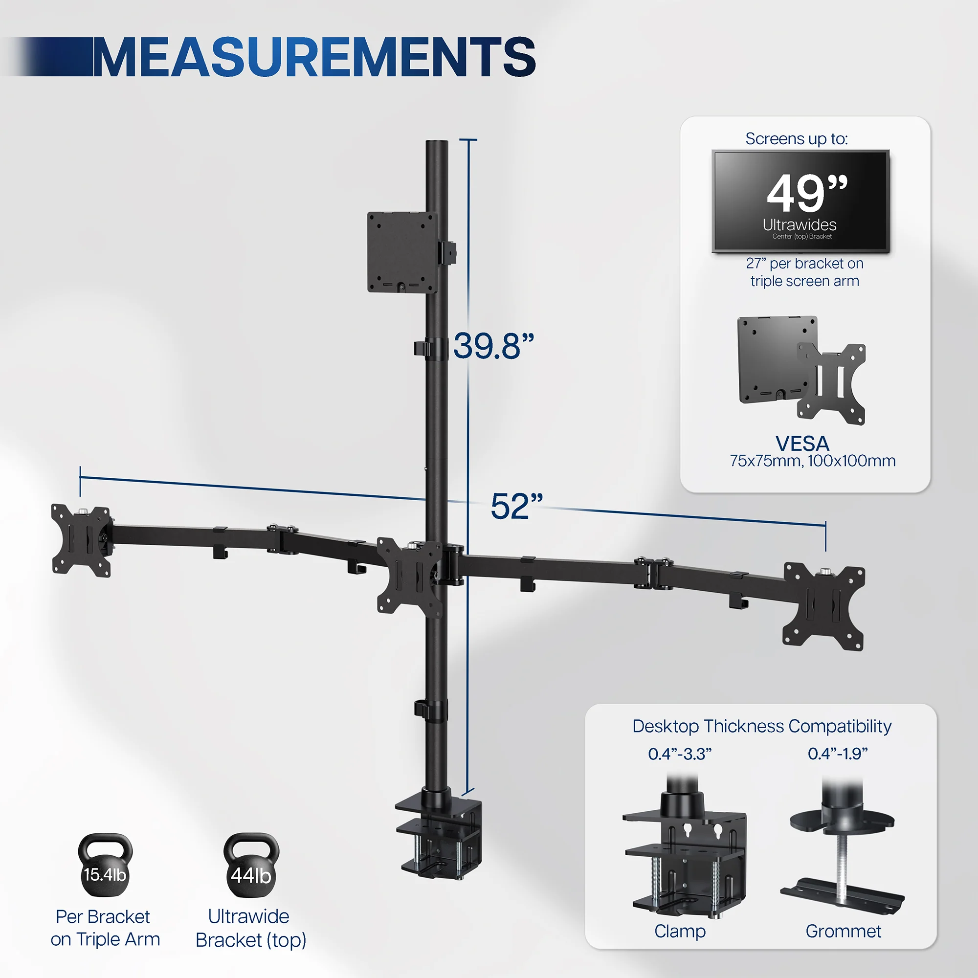 Quad Monitor Desk Mount (1 Ultrawide + 3 Standard) - Up to 49" Screens - Image 3