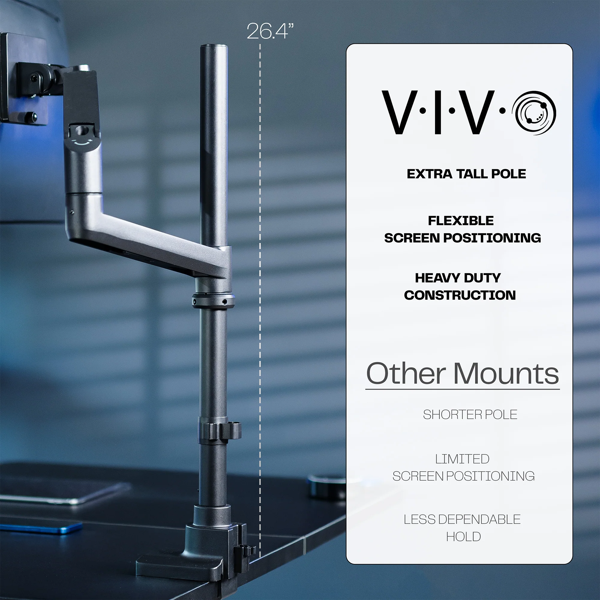 Pneumatic Arm Single Ultrawide Monitor Extra Tall Desk Mount - Up to 49" Screens - Image 3