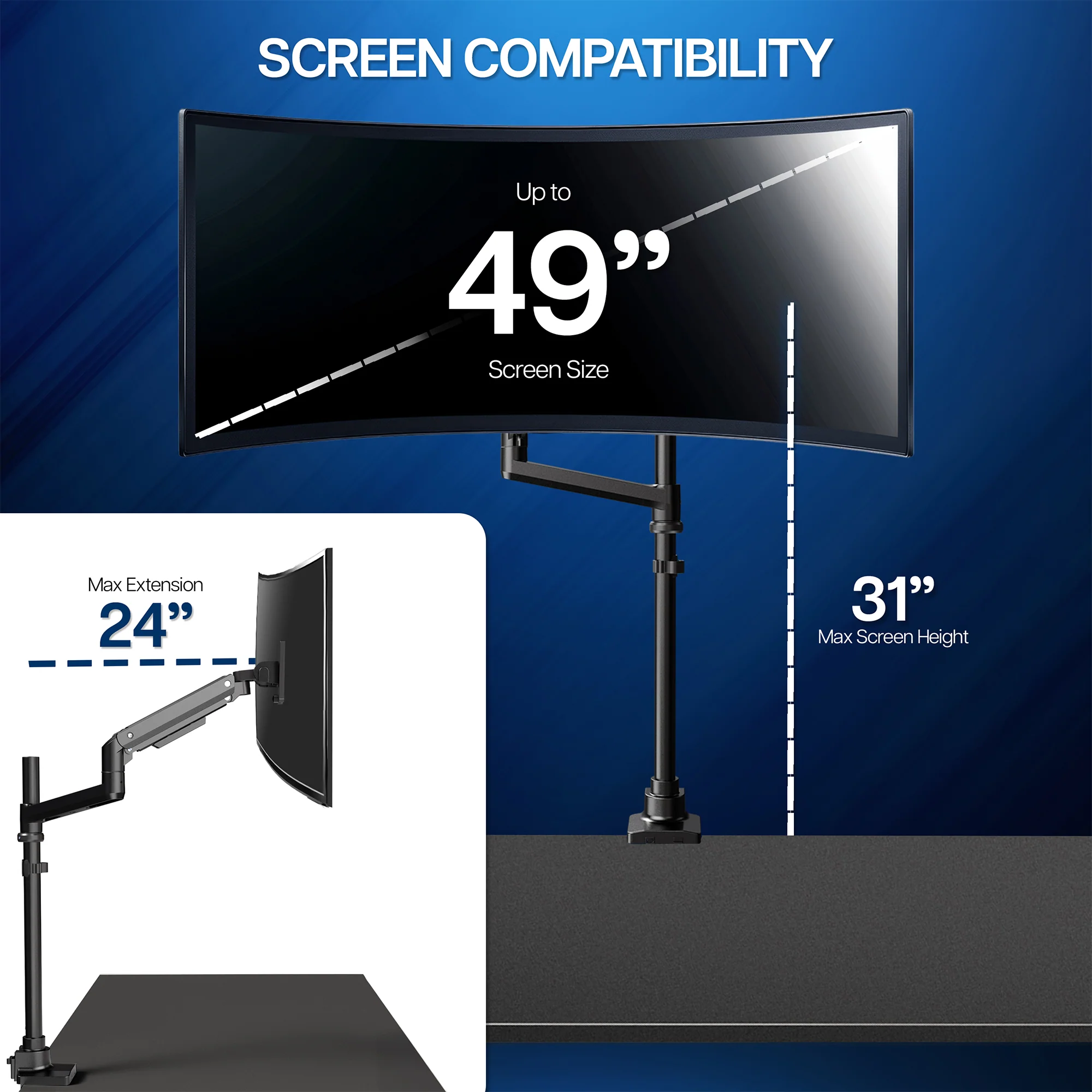 Pneumatic Arm Single Ultrawide Monitor Extra Tall Desk Mount - Up to 49" Screens - Image 4