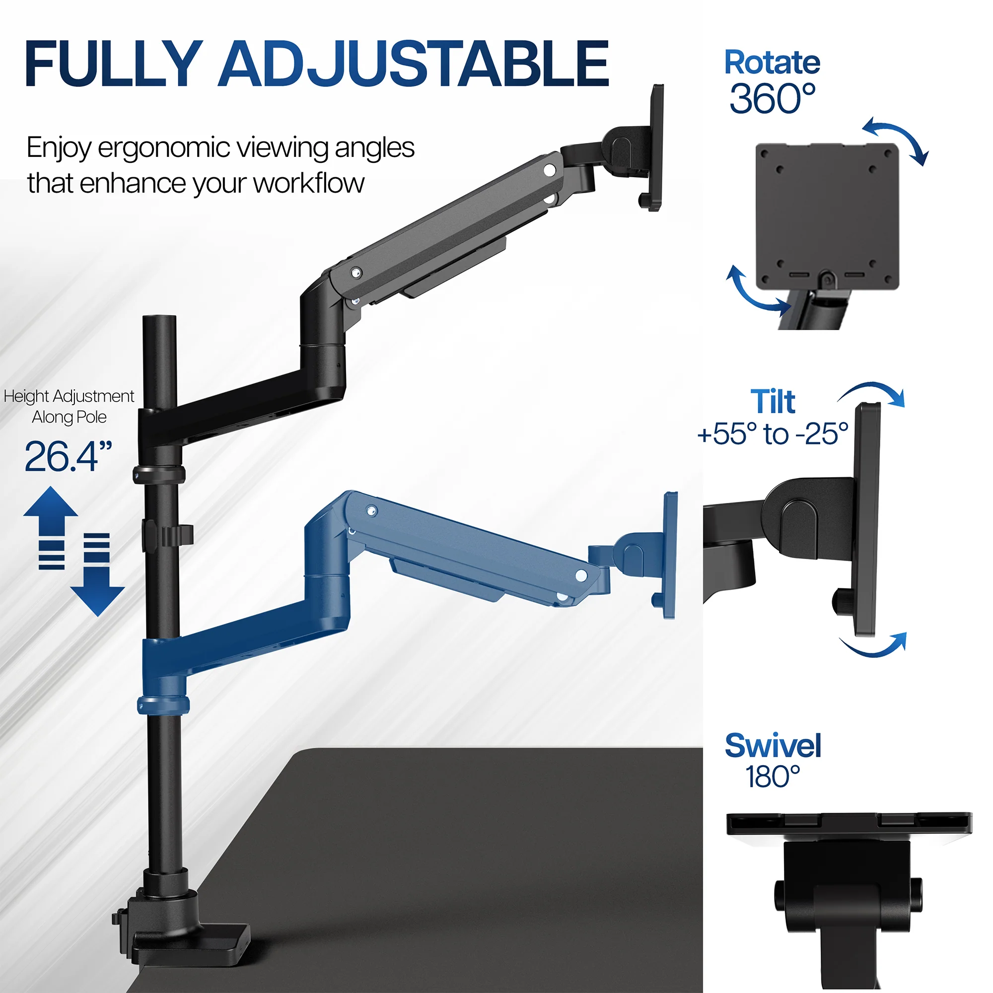 Pneumatic Arm Single Ultrawide Monitor Extra Tall Desk Mount - Up to 49" Screens - Image 5