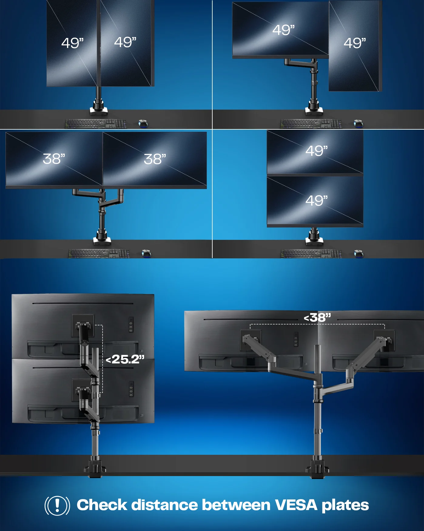 Pneumatic Arm Dual Ultrawide Monitor Extra Tall Desk Mount - Up to 49" Screens - Image 4