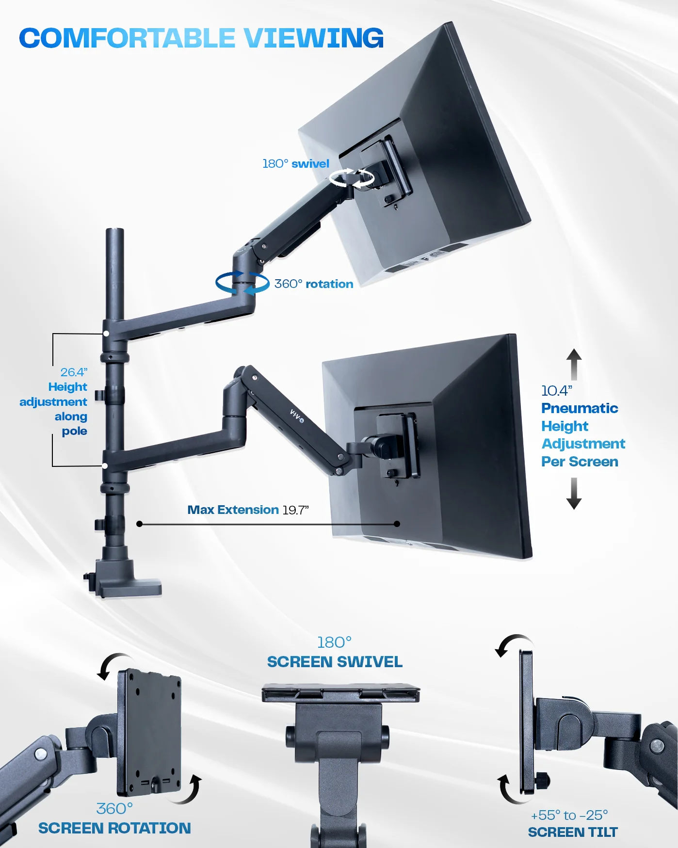 Pneumatic Arm Dual Ultrawide Monitor Extra Tall Desk Mount - Up to 49" Screens - Image 5