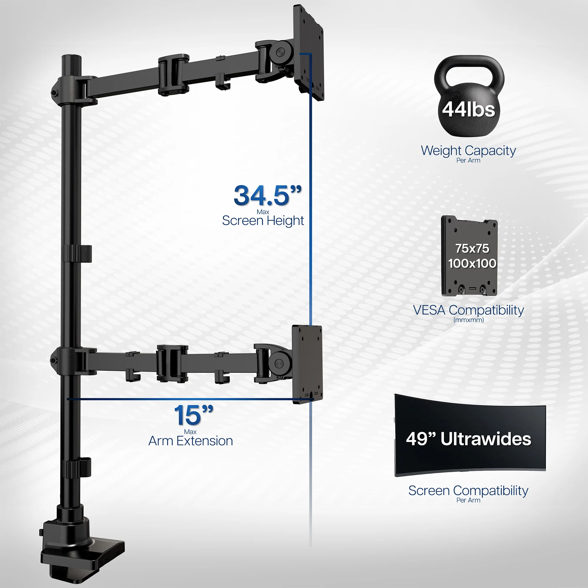 Dual Ultrawide Monitor Extra Tall Desk Mount - Up to 49" Screens - Image 6