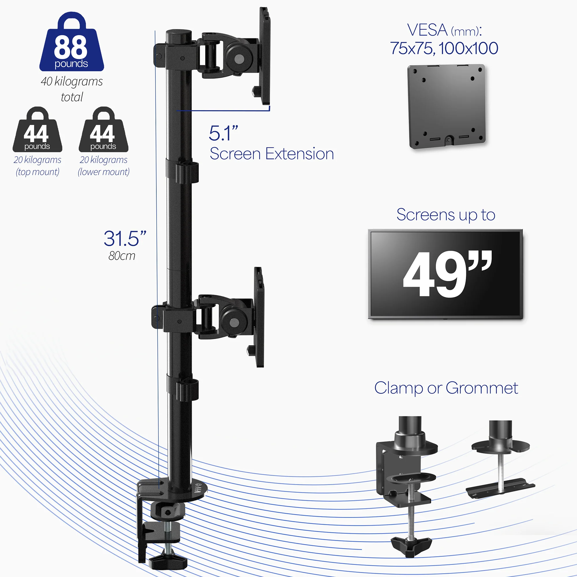 Dual Ultrawide Vertical Monitor Desk Mount - Up to 49" Screens - Image 4