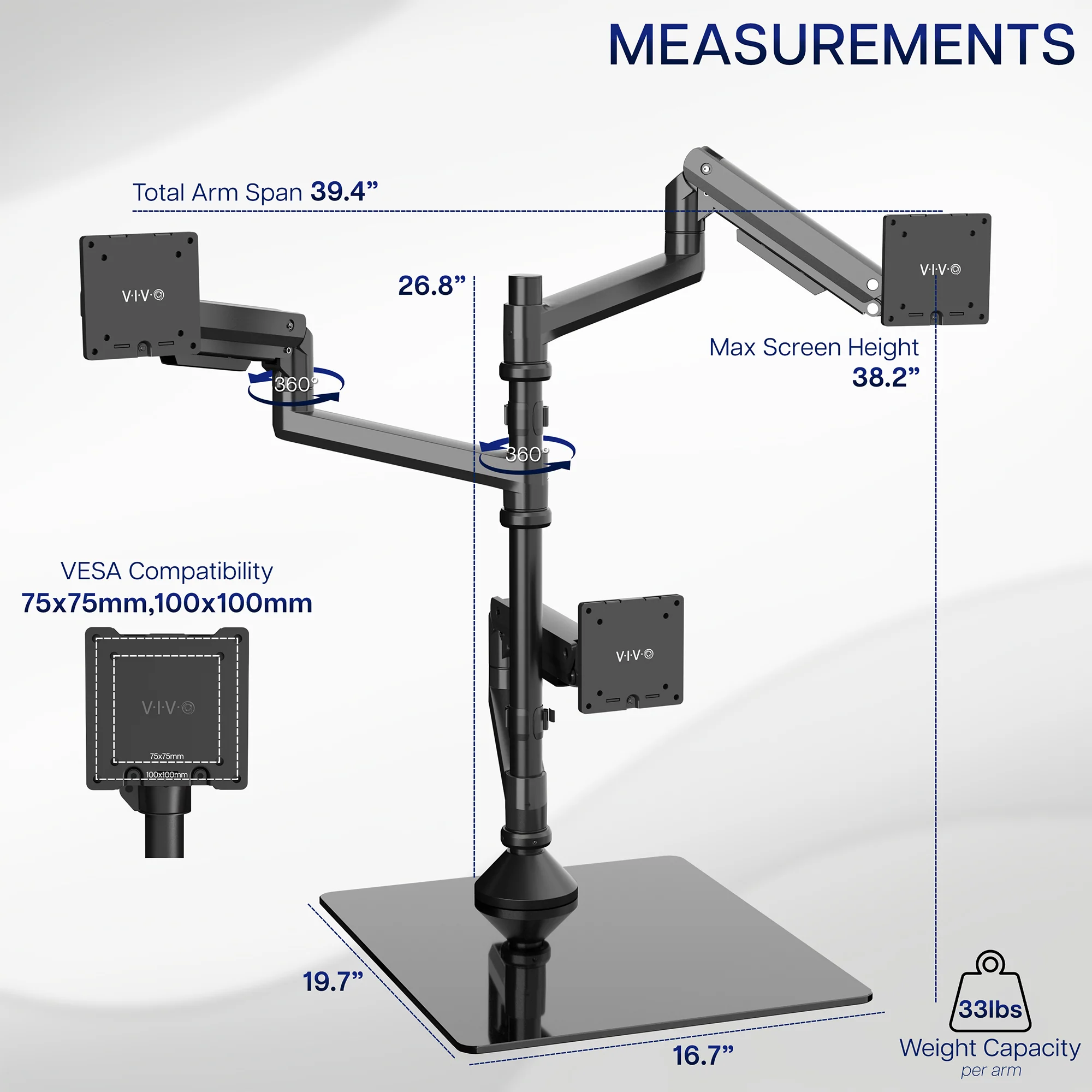 Pneumatic Arm Triple Ultrawide Monitor Extra Tall Desk Stand - Up to 49" Screens - Image 3